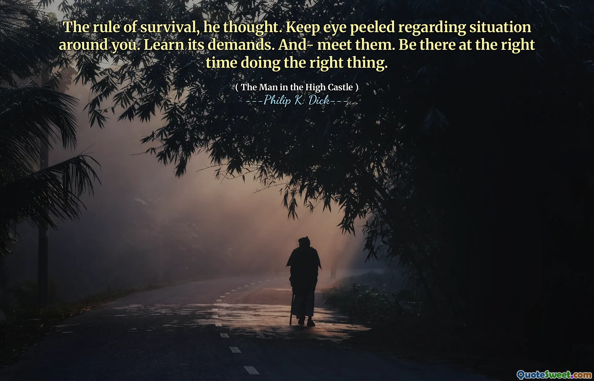 Regeln om överlevnad, tänkte han. Håll ögonskalade när det gäller situationen runt dig. Lär dig dess krav. Och- träffa dem. Var där vid rätt tidpunkt att göra rätt sak.