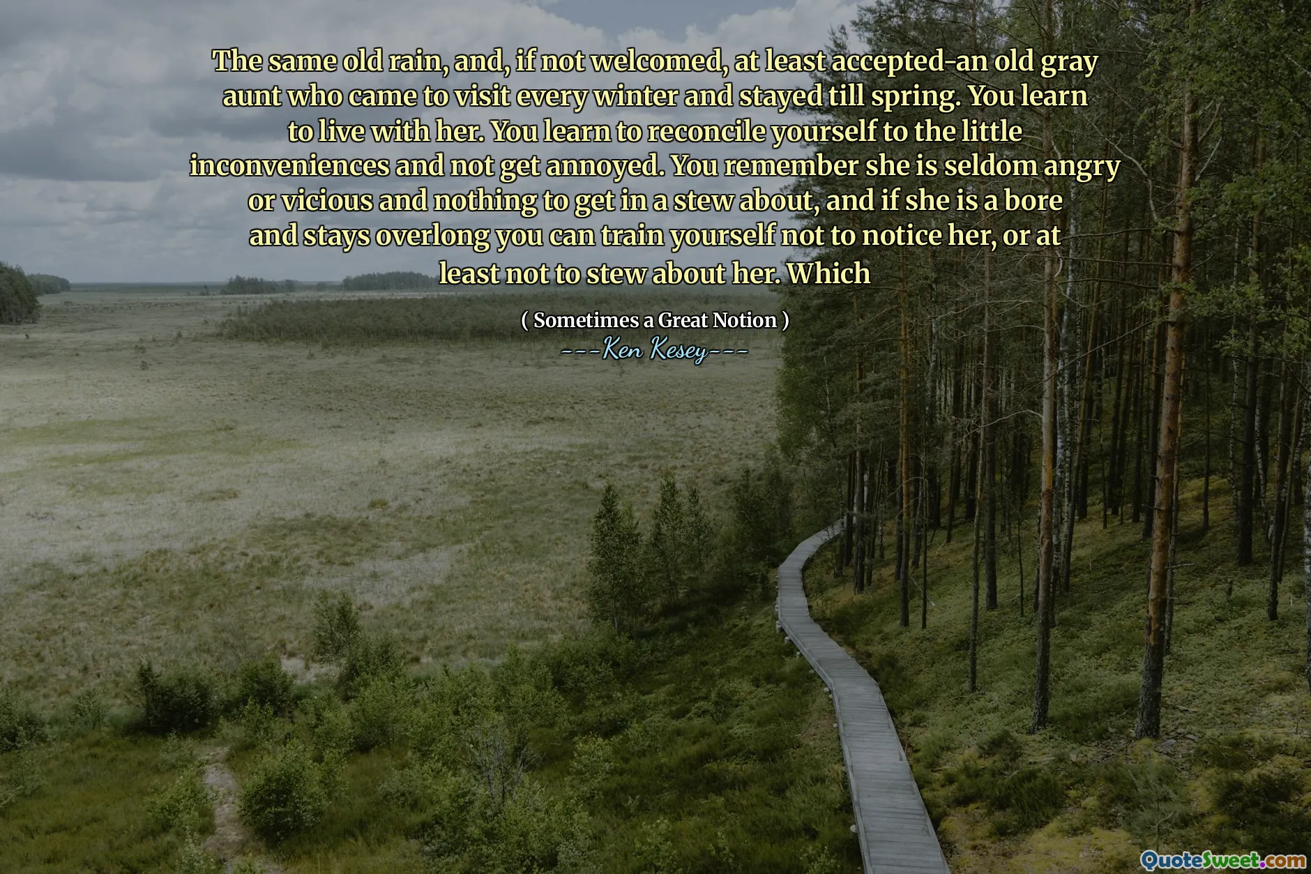 The same old rain, and, if not welcomed, at least accepted-an old gray aunt who came to visit every winter and stayed till spring. You learn to live with her. You learn to reconcile yourself to the little inconveniences and not get annoyed. You remember she is seldom angry or vicious and nothing to get in a stew about, and if she is a bore and stays overlong you can train yourself not to notice her, or at least not to stew about her. Which