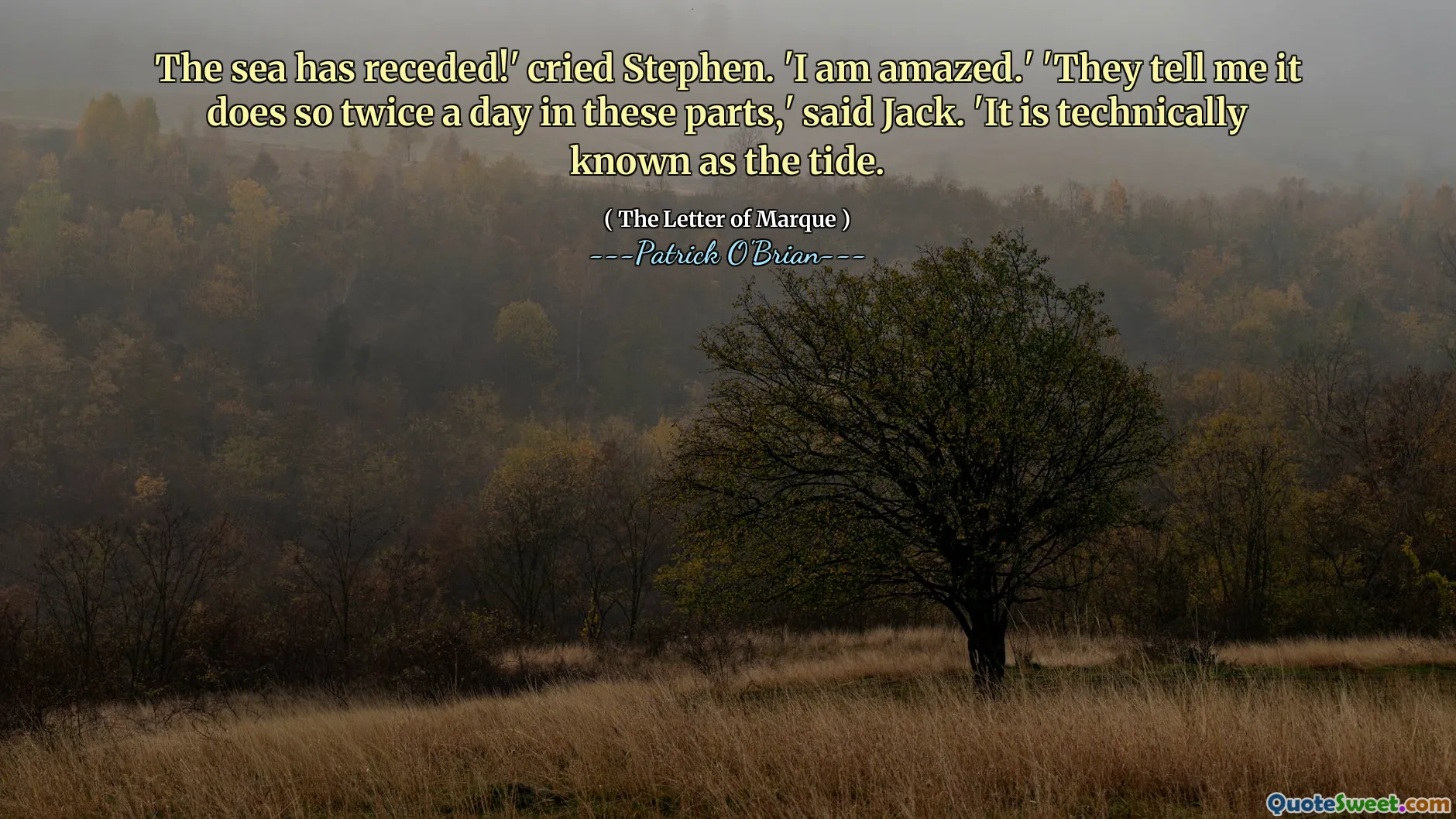 The sea has receded!' cried Stephen. 'I am amazed.' 'They tell me it does so twice a day in these parts,' said Jack. 'It is technically known as the tide.