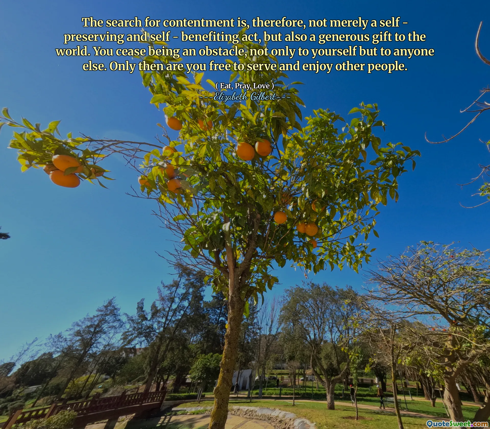 The search for contentment is, therefore, not merely a self - preserving and self - benefiting act, but also a generous gift to the world. You cease being an obstacle, not only to yourself but to anyone else. Only then are you free to serve and enjoy other people.