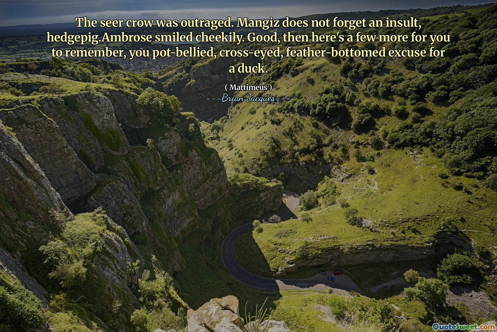 The seer crow was outraged. Mangiz does not forget an insult, hedgepig.Ambrose smiled cheekily. Good, then here's a few more for you to remember, you pot-bellied, cross-eyed, feather-bottomed excuse for a duck.
