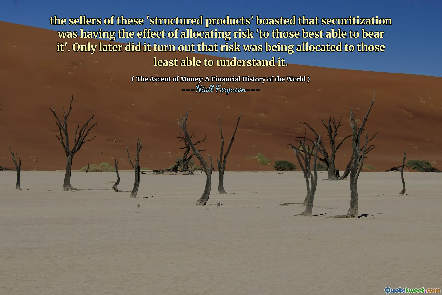 the sellers of these 'structured products' boasted that securitization was having the effect of allocating risk 'to those best able to bear it'. Only later did it turn out that risk was being allocated to those least able to understand it.