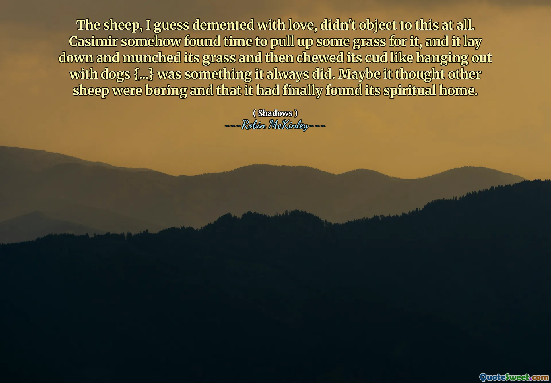 Fåren, antar jag dementa av kärlek, motsatte sig inte alls detta. Casimir hittade på något sätt tid att dra upp lite gräs för den, och den lade sig ner och mumsade sitt gräs och sedan tuggade sin kus som att umgås med hundar {...} var något den alltid gjorde. Kanske tyckte den att andra får var tråkiga och att den äntligen hade hittat sitt andliga hem.