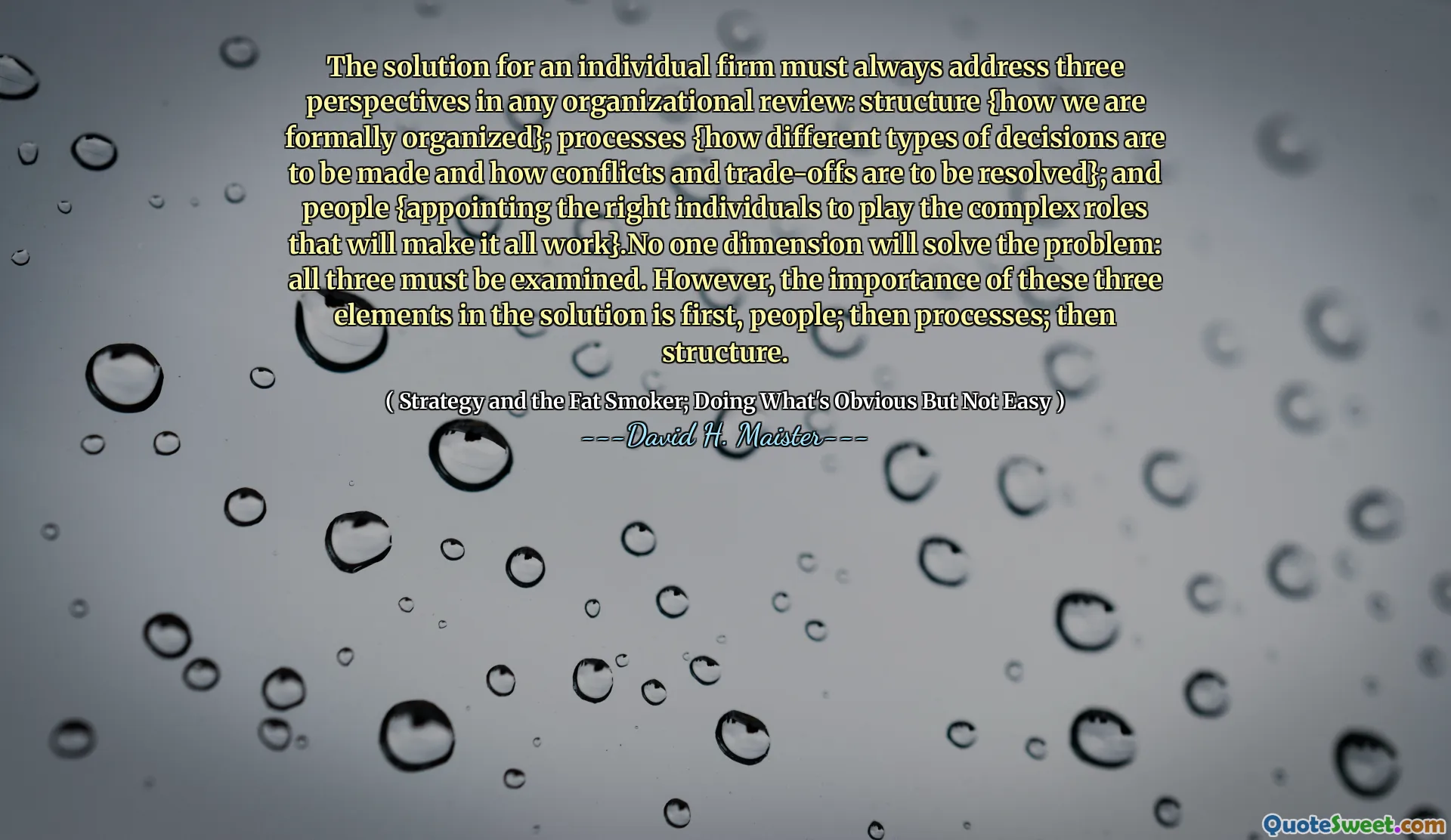 Решение для отдельной фирмы всегда должно учитывать три перспективы в любом организационном обзоре: Структура {Как мы формально организованы}; Процессы {как должны быть приняты различные типы решений и как должны быть разрешены конфликты и компромиссы}; и люди {назначают правильных людей для игры в сложных ролях, которые заставят все это работать}. Ни одно измерение решит проблему: все три должны быть рассмотрены. Тем не менее, важность этих трех элементов в решении - это первое, люди; затем процессы; затем структура.