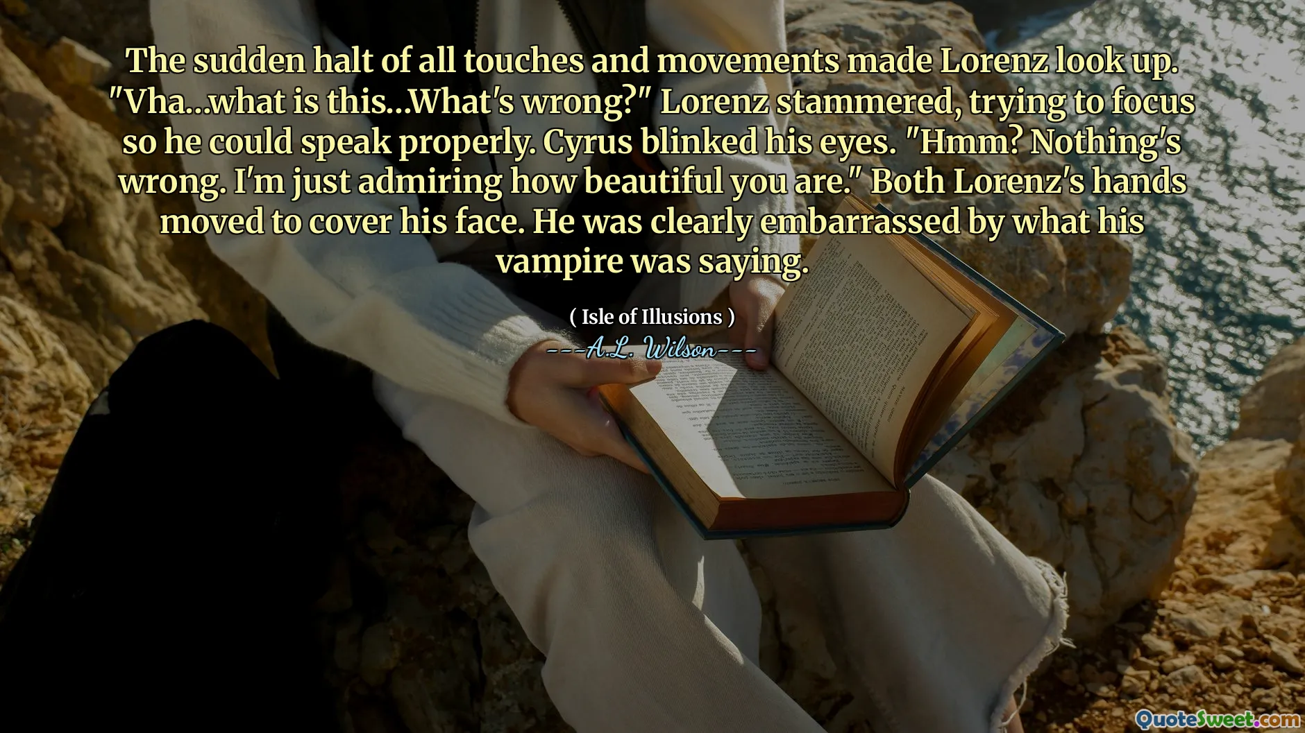 The sudden halt of all touches and movements made Lorenz look up. "Vha…what is this…What's wrong?" Lorenz stammered, trying to focus so he could speak properly. Cyrus blinked his eyes. "Hmm? Nothing's wrong. I'm just admiring how beautiful you are." Both Lorenz's hands moved to cover his face. He was clearly embarrassed by what his vampire was saying.