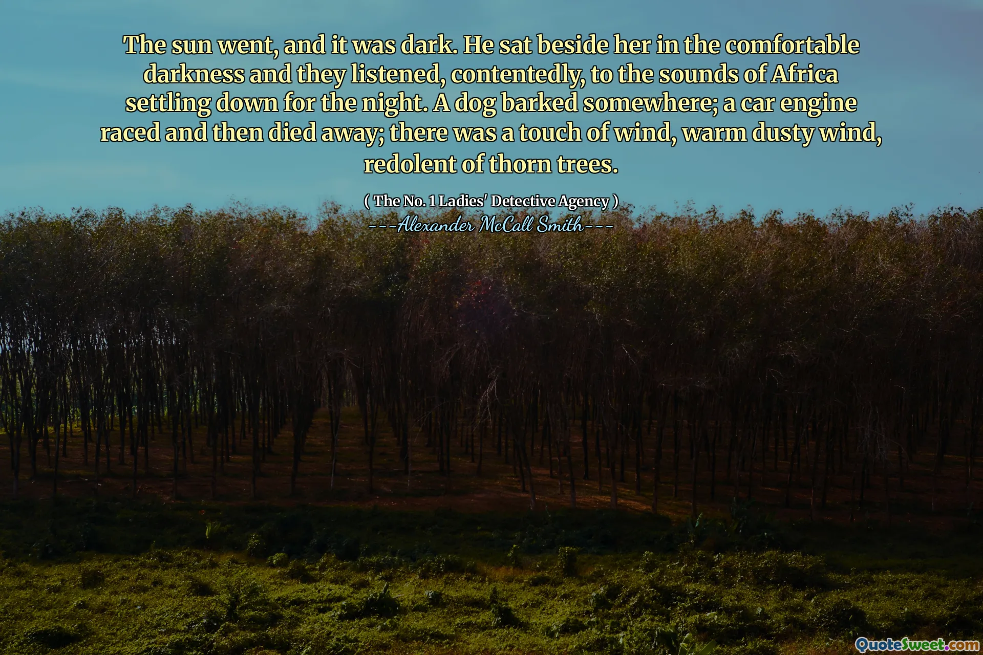 太阳去了，天黑了。他坐在她舒适的黑暗中坐在她旁边，他们满意地听着非洲的声音在夜晚安顿下来。一只狗在某个地方吠叫；汽车发动机竞争，然后消失了。风，尘土飞扬的风，刺刺的树木。