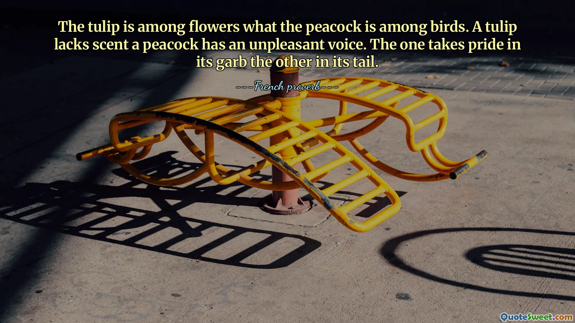 The tulip is among flowers what the peacock is among birds. A tulip lacks scent a peacock has an unpleasant voice. The one takes pride in its garb the other in its tail.