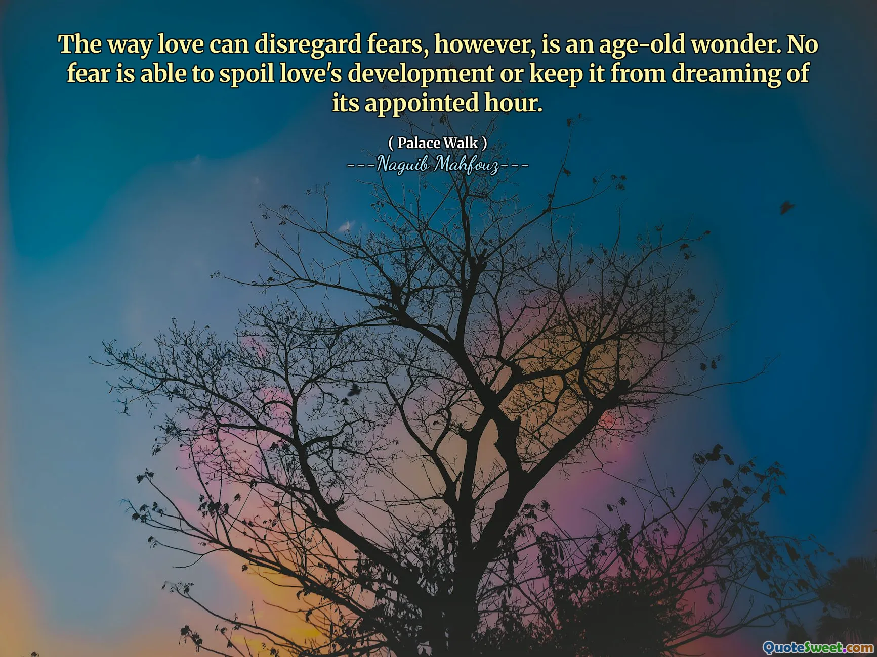 Die Art und Weise, wie Liebe Ängste ignorieren kann, ist jedoch ein jahrhunderteales Wunder. Keine Angst ist in der Lage, die Entwicklung der Liebe zu verderben oder sie davon abzuhalten, von seiner festgelegten Stunde zu träumen.