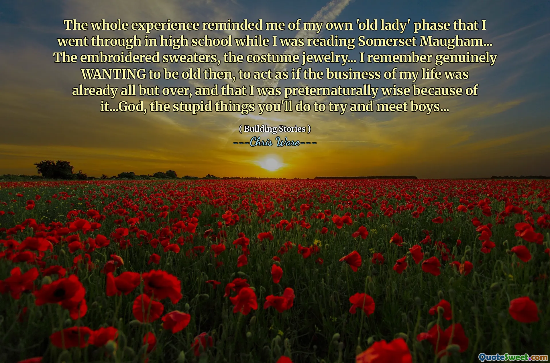 The whole experience reminded me of my own 'old lady' phase that I went through in high school while I was reading Somerset Maugham... The embroidered sweaters, the costume jewelry... I remember genuinely WANTING to be old then, to act as if the business of my life was already all but over, and that I was preternaturally wise because of it...God, the stupid things you'll do to try and meet boys...