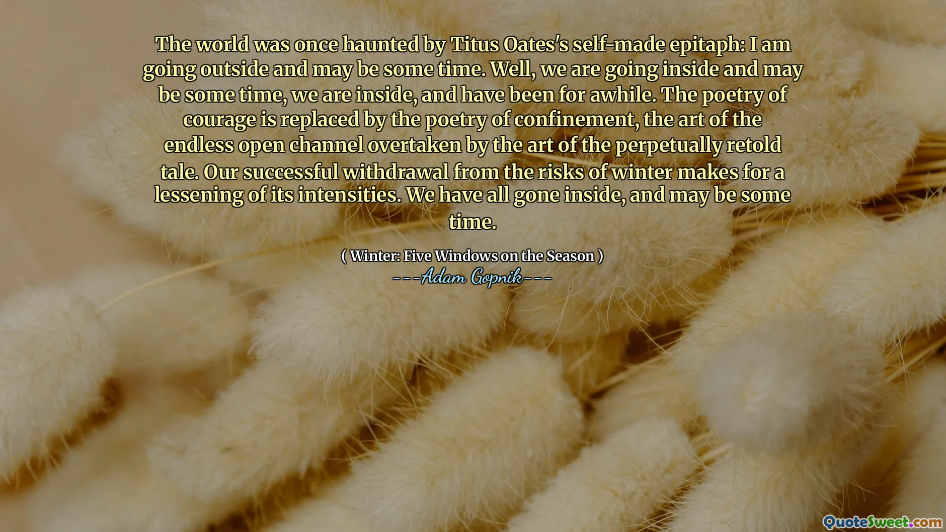 蒂特·奥茨（Titus Oates）的自制墓志铭曾经困扰着这个世界：我要出去了，可能会待一段时间。好吧，我们走进去，可能有一段时间，我们在里面，已经有一段时间了。勇气的诗歌被禁闭的诗歌所取代。我们成功退出冬季的风险可以减轻其强度。我们都进去了，也许有一段时间。