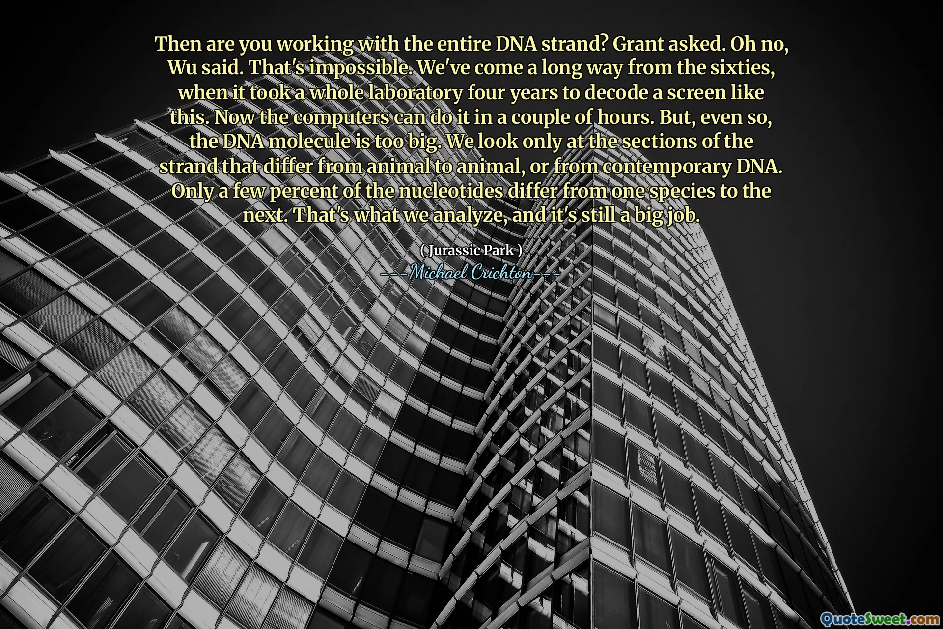 Sedan arbetar du med hela DNA -strängen? Frågade. Å nej, sa Wu. Det är omöjligt. Vi har kommit långt från sextiotalet, när det tog ett helt laboratorium fyra år att avkoda en skärm som denna. Nu kan datorerna göra det om ett par timmar. Men ändå är DNA -molekylen för stor. Vi tittar bara på delarna av strängen som skiljer sig från djur till djur eller från samtida DNA. Endast några procent av nukleotiderna skiljer sig från en art till nästa. Det är vad vi analyserar, och det är fortfarande ett stort jobb.
