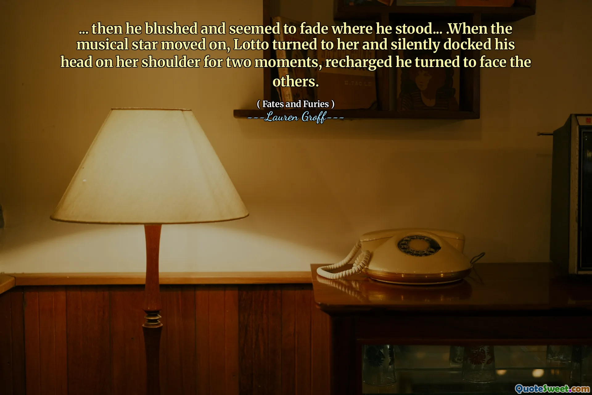 ... then he blushed and seemed to fade where he stood... .When the musical star moved on, Lotto turned to her and silently docked his head on her shoulder for two moments, recharged he turned to face the others.