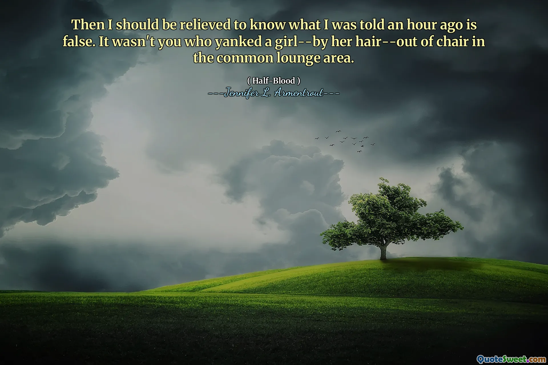 Then I should be relieved to know what I was told an hour ago is false. It wasn't you who yanked a girl--by her hair--out of chair in the common lounge area.