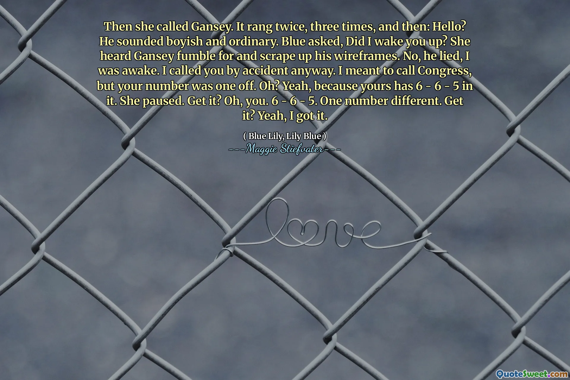 Then she called Gansey. It rang twice, three times, and then: Hello? He sounded boyish and ordinary. Blue asked, Did I wake you up? She heard Gansey fumble for and scrape up his wireframes. No, he lied, I was awake. I called you by accident anyway. I meant to call Congress, but your number was one off. Oh? Yeah, because yours has 6 - 6 - 5 in it. She paused. Get it? Oh, you. 6 - 6 - 5. One number different. Get it? Yeah, I got it.