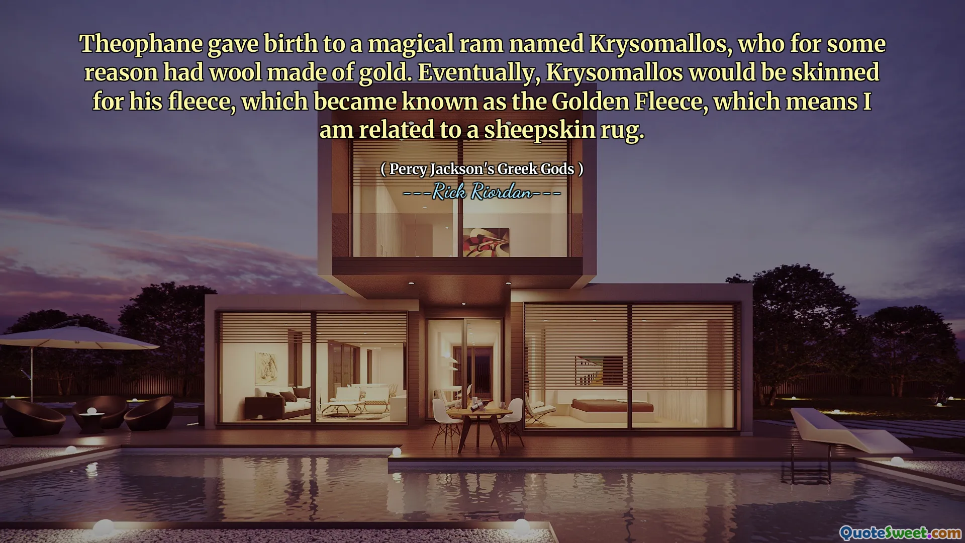 Theophane gave birth to a magical ram named Krysomallos, who for some reason had wool made of gold. Eventually, Krysomallos would be skinned for his fleece, which became known as the Golden Fleece, which means I am related to a sheepskin rug.