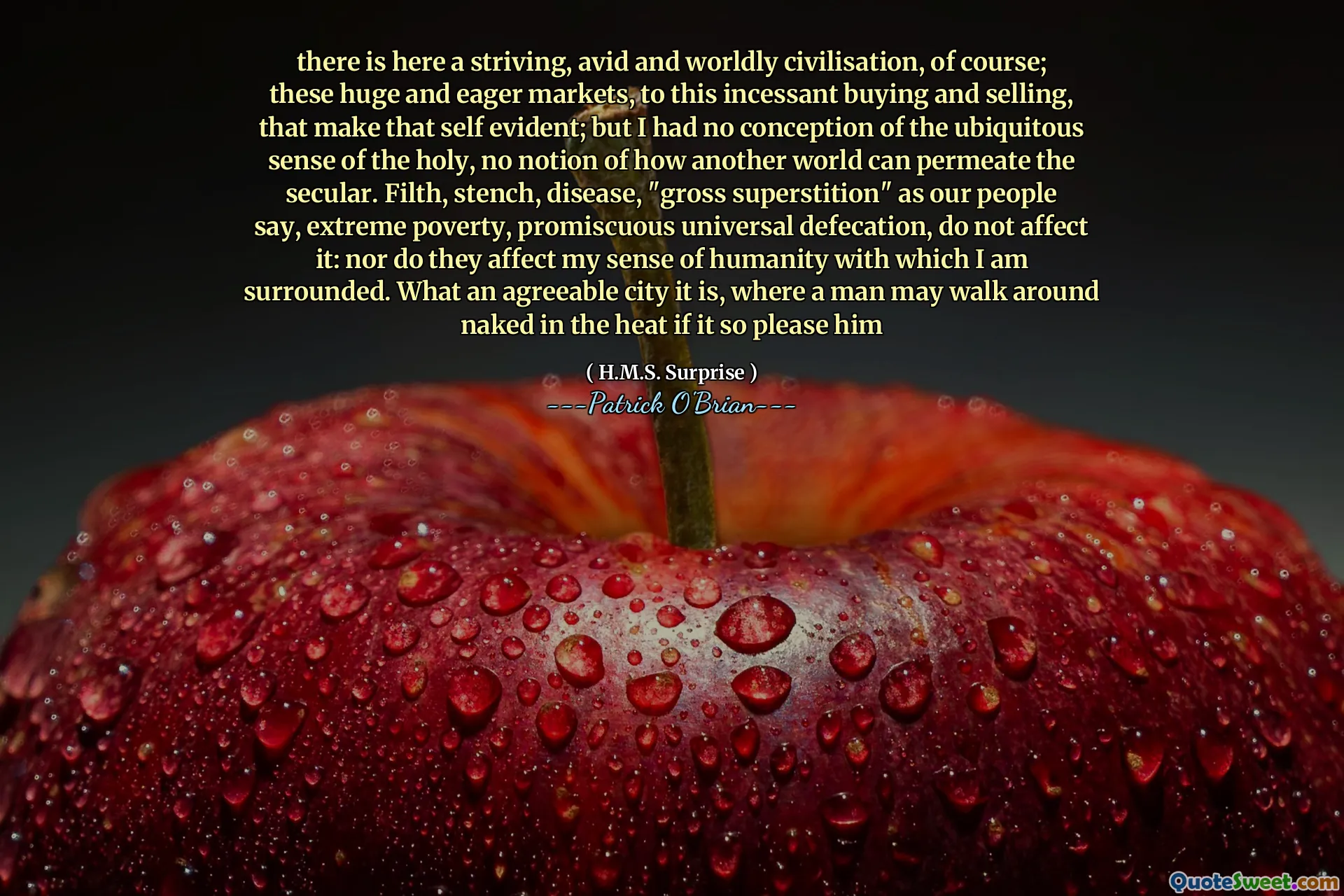 there is here a striving, avid and worldly civilisation, of course; these huge and eager markets, to this incessant buying and selling, that make that self evident; but I had no conception of the ubiquitous sense of the holy, no notion of how another world can permeate the secular. Filth, stench, disease, "gross superstition" as our people say, extreme poverty, promiscuous universal defecation, do not affect it: nor do they affect my sense of humanity with which I am surrounded. What an agreeable city it is, where a man may walk around naked in the heat if it so please him