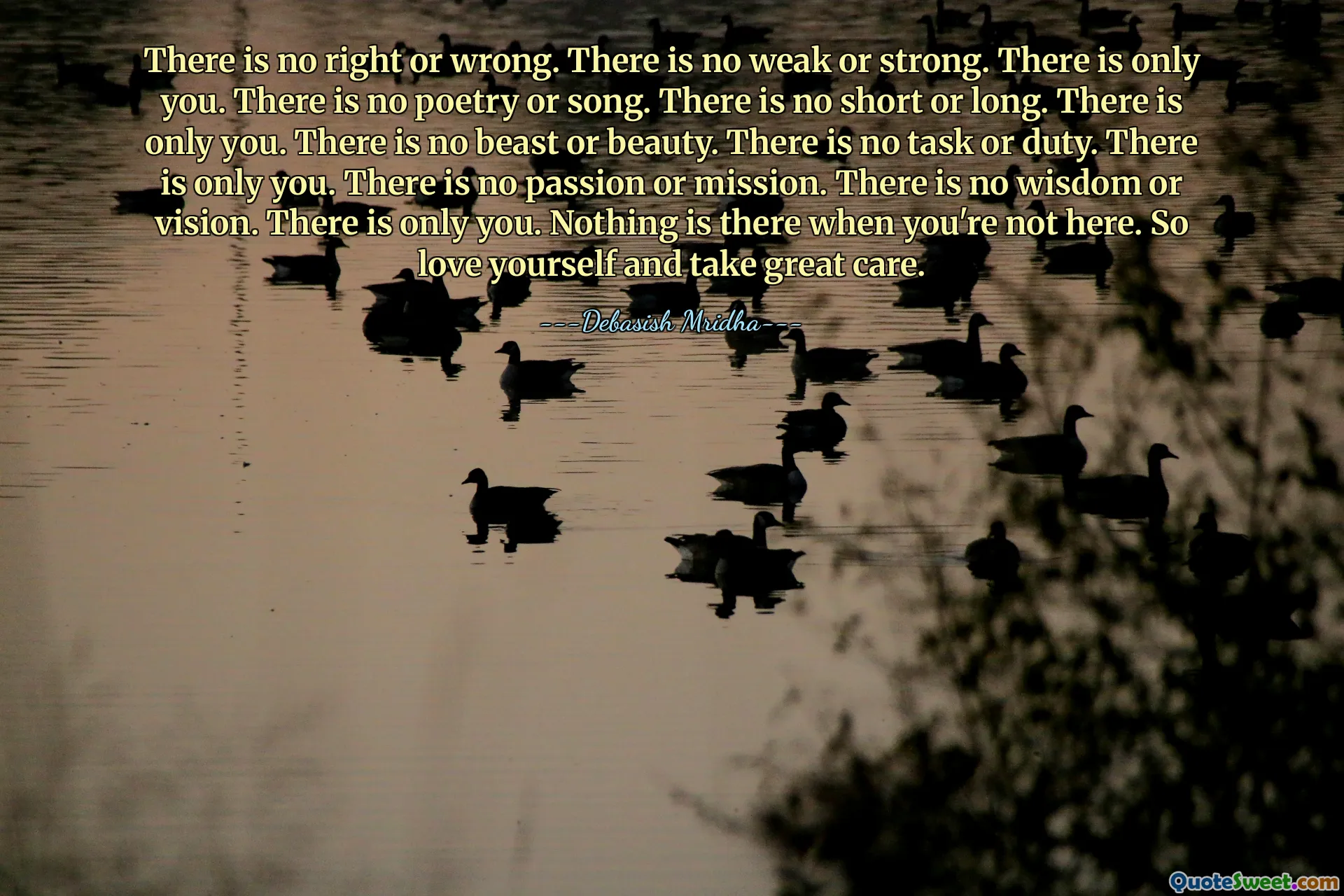 There is no right or wrong. There is no weak or strong. There is only you. There is no poetry or song. There is no short or long. There is only you. There is no beast or beauty. There is no task or duty. There is only you. There is no passion or mission. There is no wisdom or vision. There is only you. Nothing is there when you're not here. So love yourself and take great care.