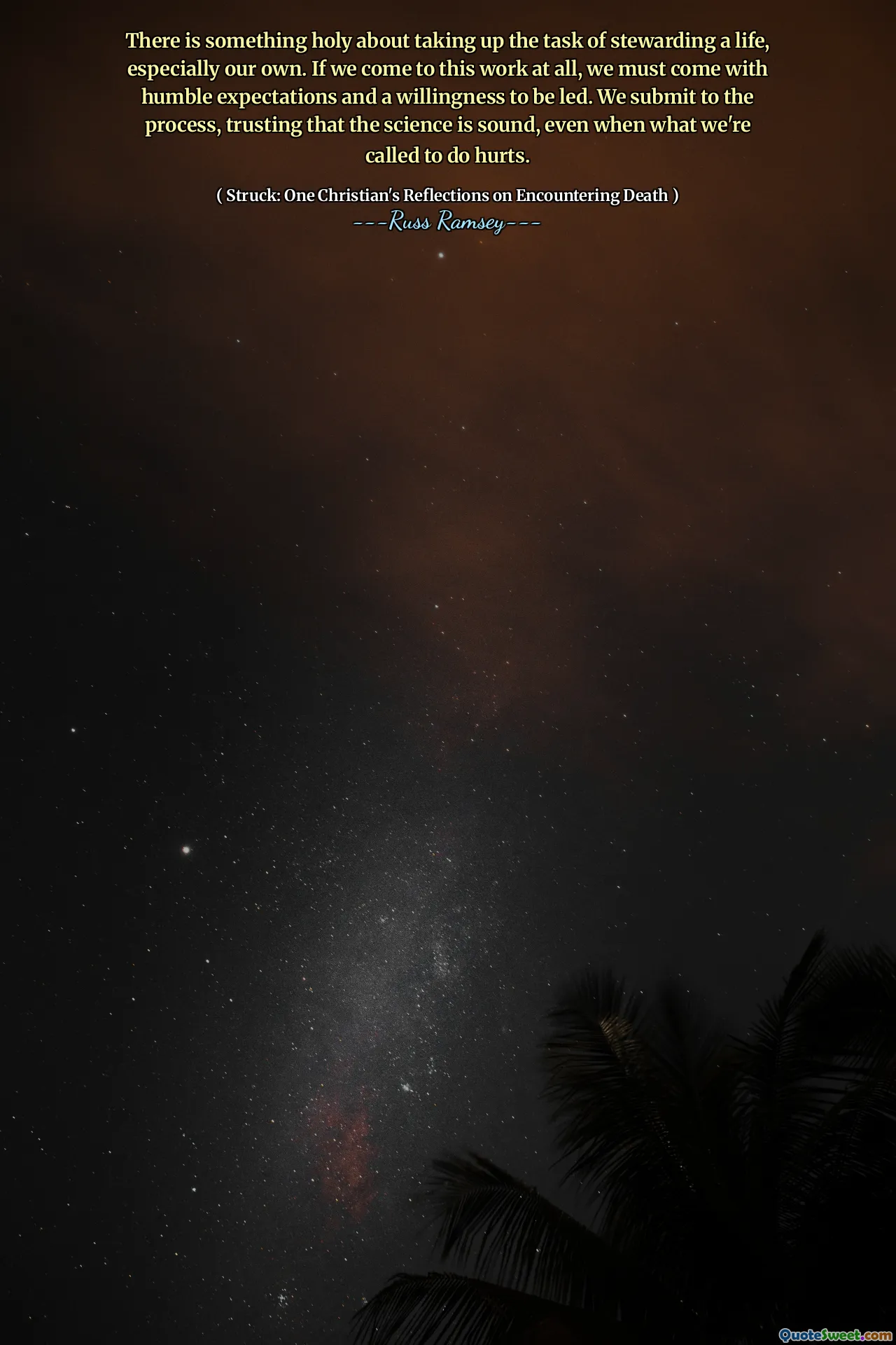 There is something holy about taking up the task of stewarding a life, especially our own. If we come to this work at all, we must come with humble expectations and a willingness to be led. We submit to the process, trusting that the science is sound, even when what we're called to do hurts.