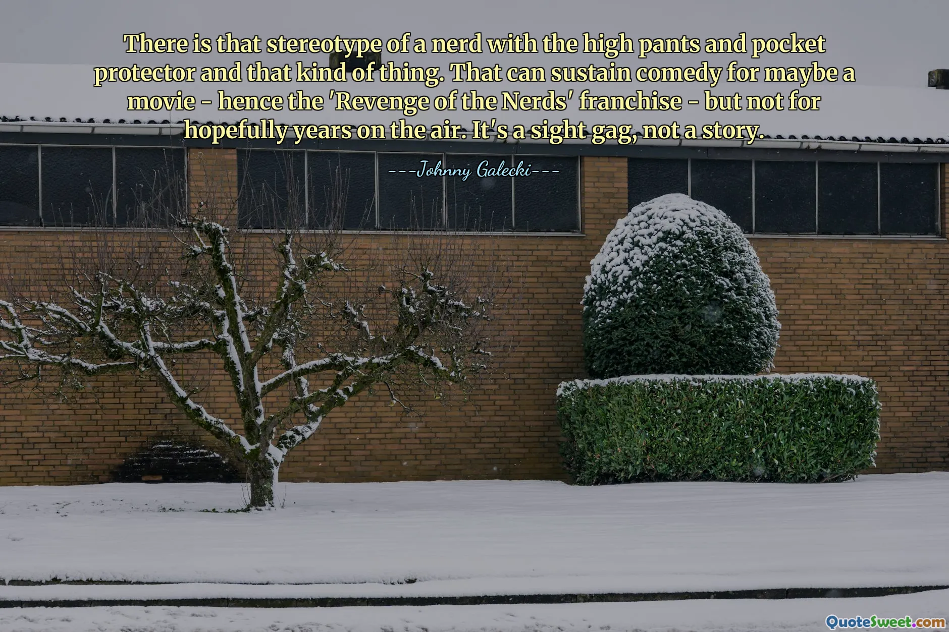 There is that stereotype of a nerd with the high pants and pocket protector and that kind of thing. That can sustain comedy for maybe a movie - hence the 'Revenge of the Nerds' franchise - but not for hopefully years on the air. It's a sight gag, not a story.
