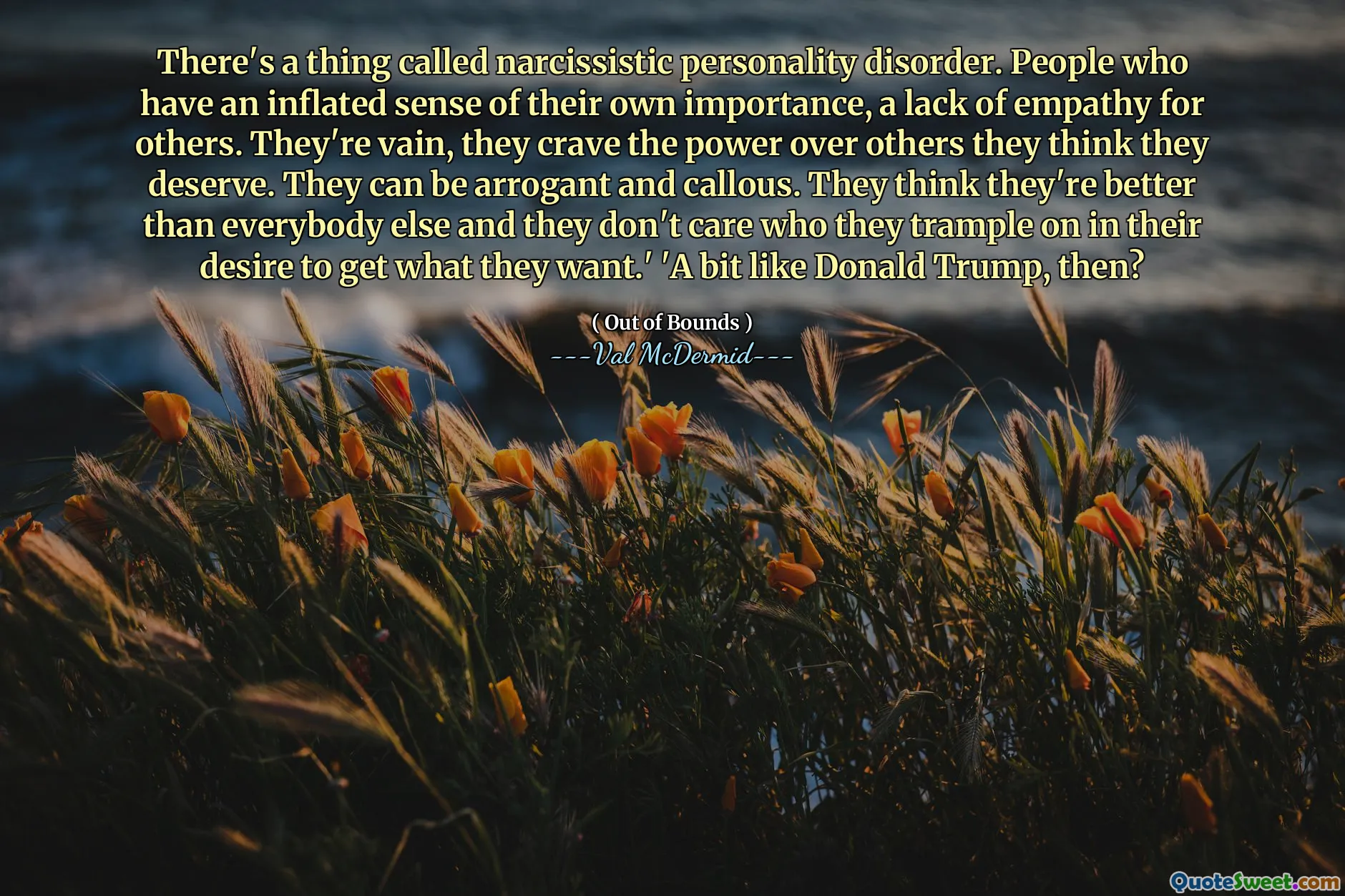 There's a thing called narcissistic personality disorder. People who have an inflated sense of their own importance, a lack of empathy for others. They're vain, they crave the power over others they think they deserve. They can be arrogant and callous. They think they're better than everybody else and they don't care who they trample on in their desire to get what they want.' 'A bit like Donald Trump, then?