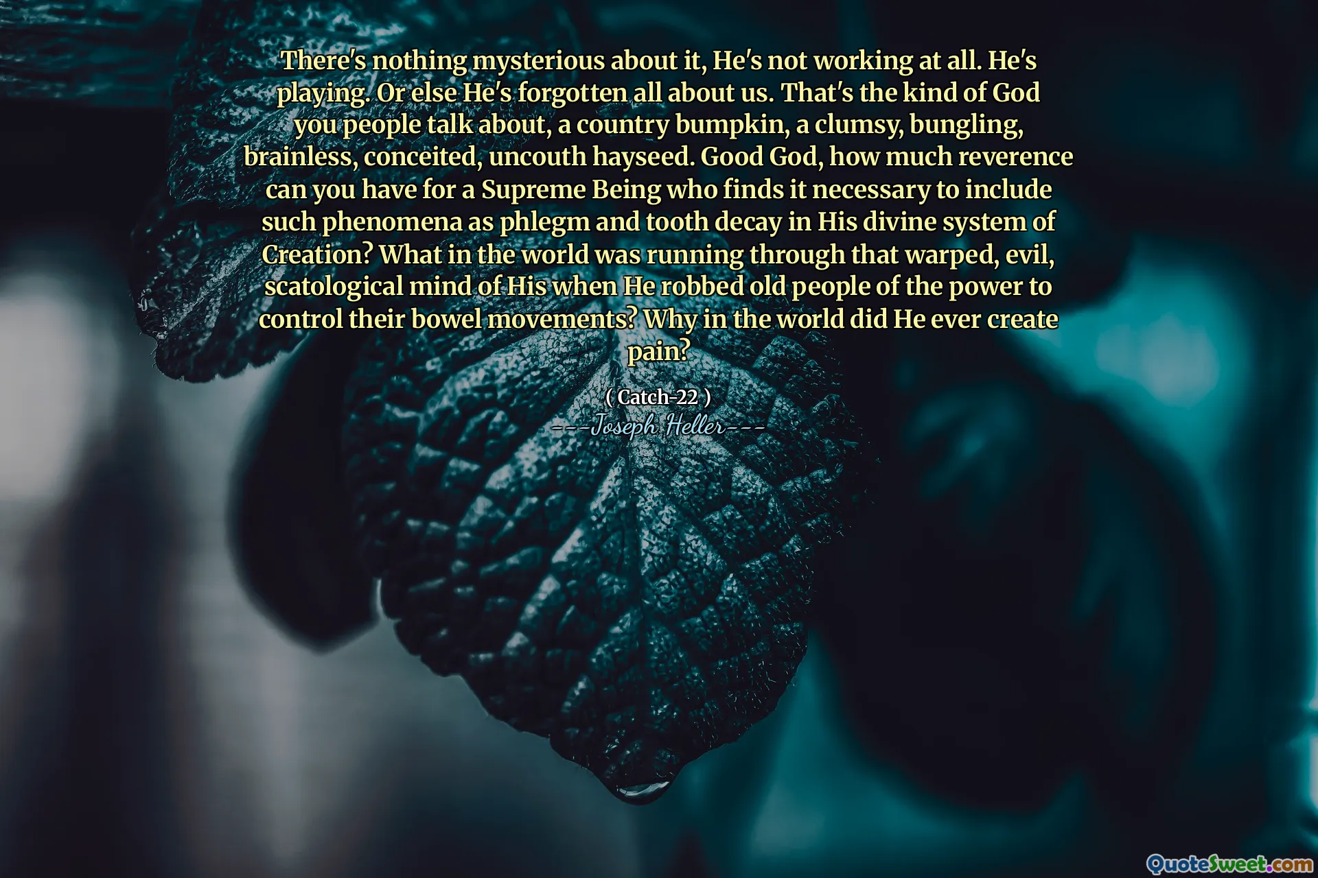 Det er ikke noe mystisk med det, han jobber ikke i det hele tatt. Han spiller. Ellers har han glemt alt om oss. Det er den typen Gud du mennesker snakker om, et land som støtter, en klønete, bungling, hjerneløs, innbilsk, usann hayseed. God Gud, hvor mye ærbødighet kan du ha for et suverent vesen som synes det er nødvendig å inkludere slike fenomener som slim og tannråte i hans guddommelige skapelsessystem? Hva i all verden løp gjennom det vridde, onde, scatologiske sinnet til ham da han frarøvet gamle mennesker av makten til å kontrollere avføring? Hvorfor i all verden skapte han noen gang smerter?