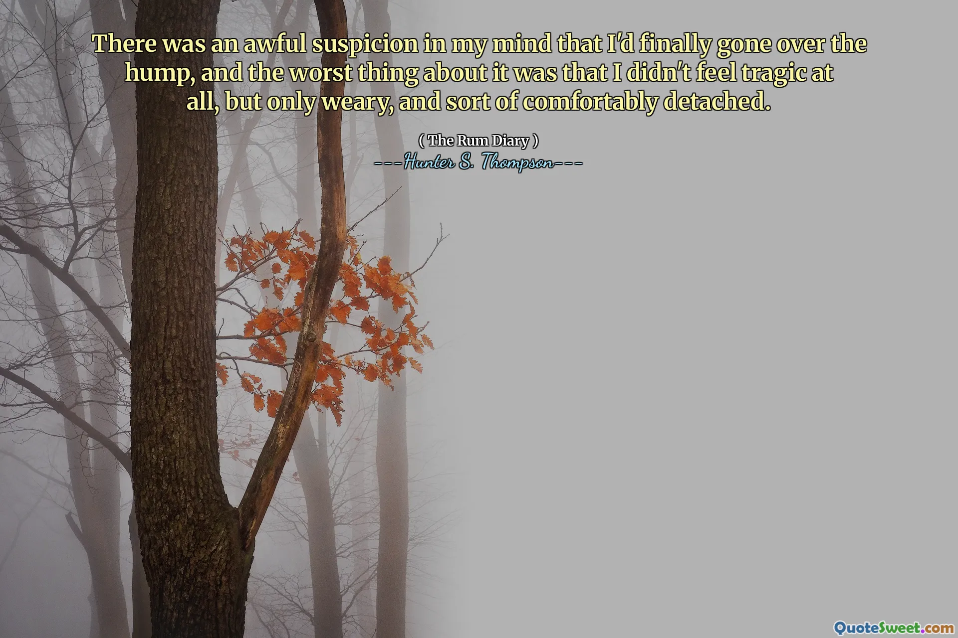 Ich hatte einen schrecklichen Verdacht in meinem Kopf, dass ich endlich den Buckel durchgegangen war, und das Schlimmste daran war, dass ich mich überhaupt nicht tragisch fühlte, sondern nur müde und eine Art bequem abgelöst war.