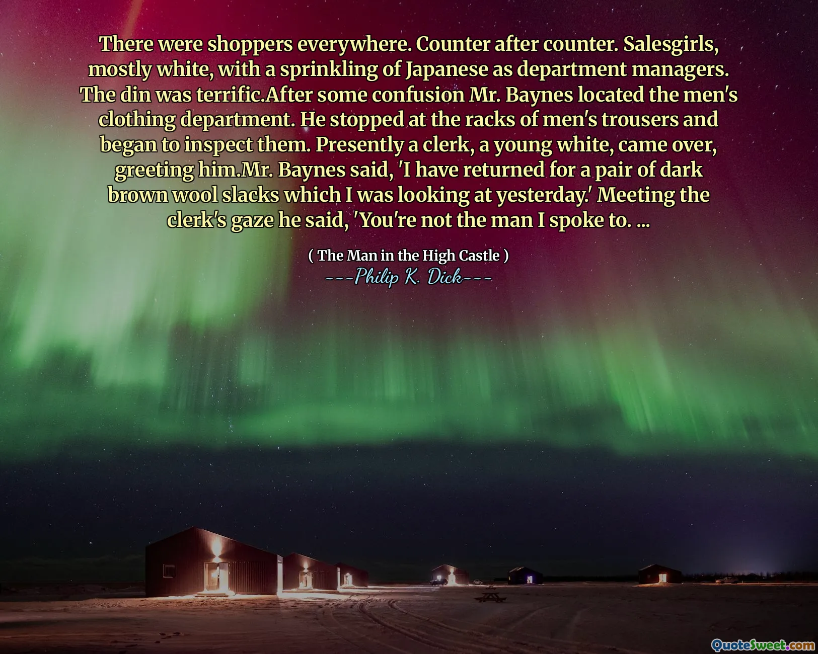 到处都有购物者。柜台后柜台。推销员，主要是白人，日本人撒了一口。迪斯很棒。在一些混乱之后，贝恩斯先生找到了男装部门。他停在男子裤子的架子上，开始检查它们。目前，一个店员，一个年轻的白人，过来，向他打招呼。贝恩斯说：“我回来了，昨天我正在看一双深棕色的羊毛松饼。”遇见店员的目光，他说：“你不是我与之交谈的人。 ...