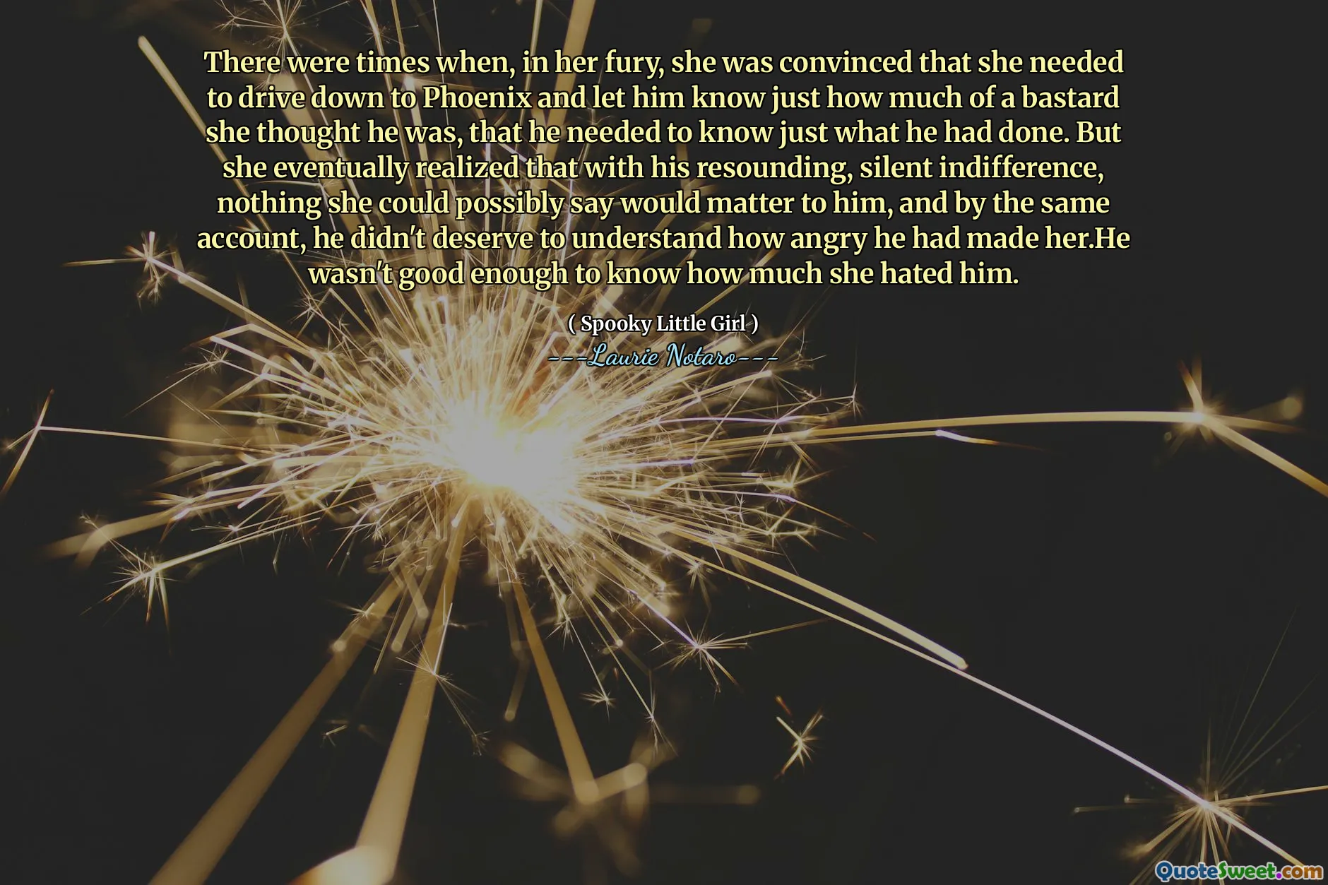 There were times when, in her fury, she was convinced that she needed to drive down to Phoenix and let him know just how much of a bastard she thought he was, that he needed to know just what he had done. But she eventually realized that with his resounding, silent indifference, nothing she could possibly say would matter to him, and by the same account, he didn't deserve to understand how angry he had made her.He wasn't good enough to know how much she hated him.