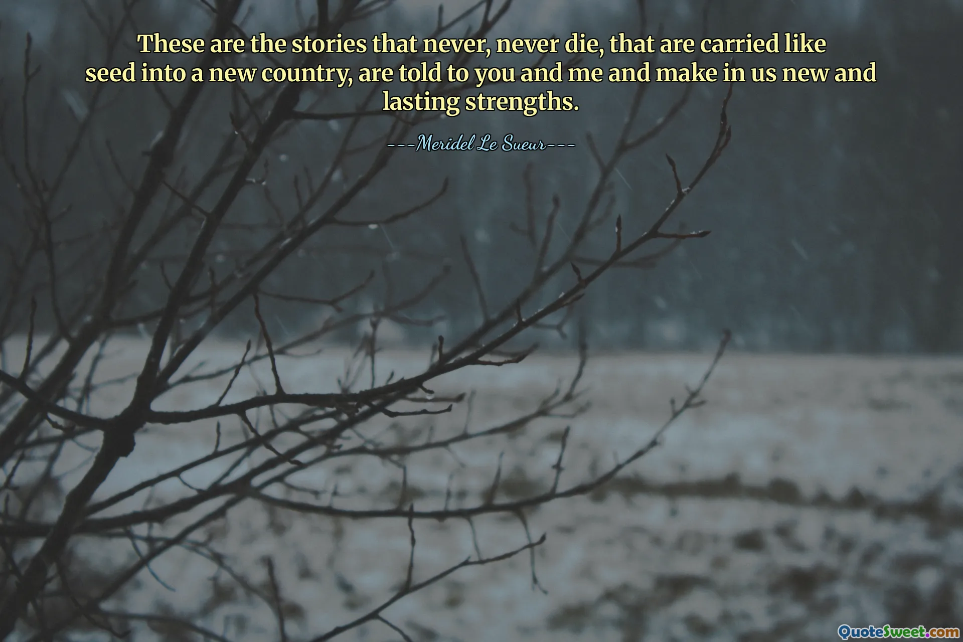 These are the stories that never, never die, that are carried like seed into a new country, are told to you and me and make in us new and lasting strengths.