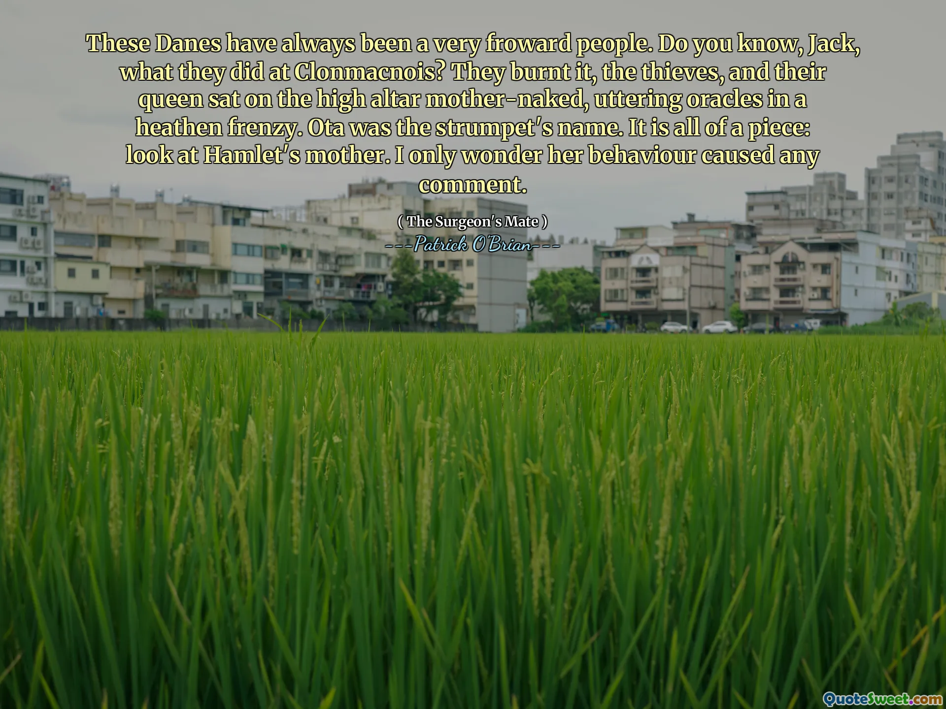 These Danes have always been a very froward people. Do you know, Jack, what they did at Clonmacnois? They burnt it, the thieves, and their queen sat on the high altar mother-naked, uttering oracles in a heathen frenzy. Ota was the strumpet's name. It is all of a piece: look at Hamlet's mother. I only wonder her behaviour caused any comment.