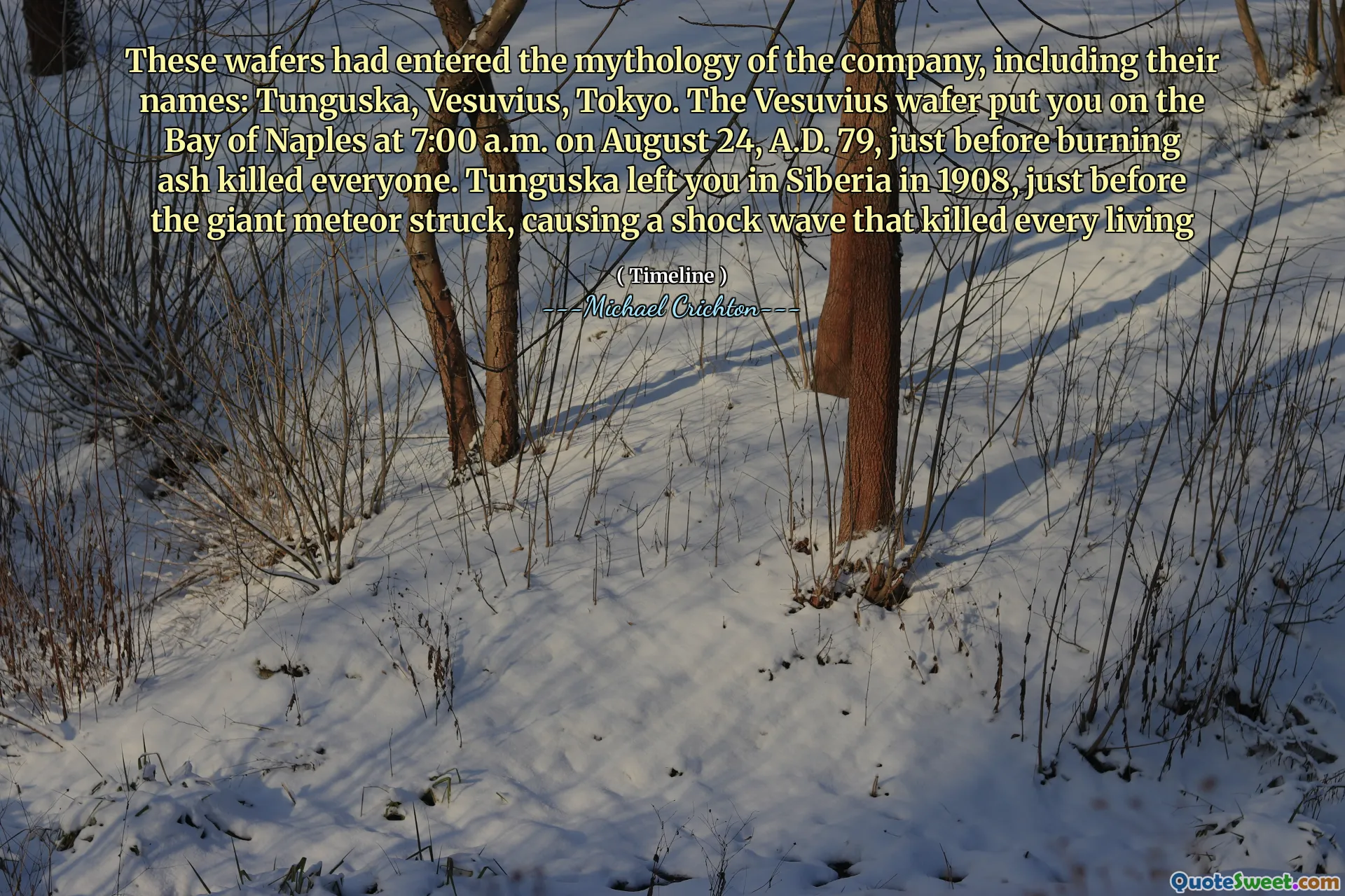 这些瓦金斯（Wafers）进入了公司的神话，包括他们的名字：Tunguska，Vesuvius，Tokyo。维苏威晶片将您于公元79年8月24日上午7:00带到那不勒斯湾，就在燃烧灰烬杀死所有人之前。 Tunguska于1908年在巨大的流星袭击之前留在西伯利亚