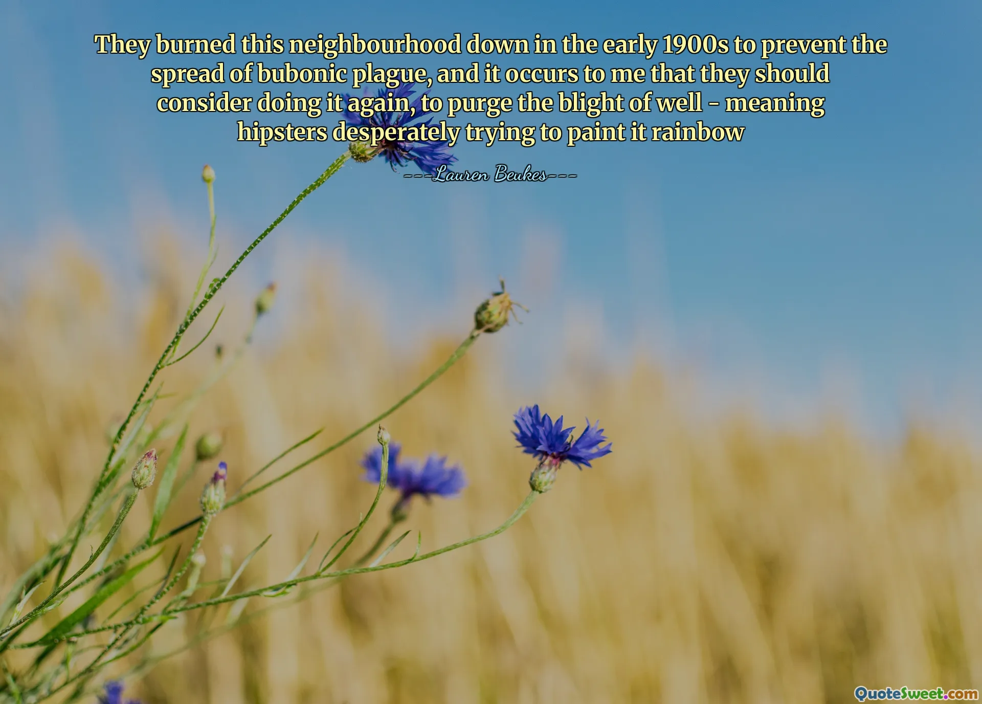 They burned this neighbourhood down in the early 1900s to prevent the spread of bubonic plague, and it occurs to me that they should consider doing it again, to purge the blight of well - meaning hipsters desperately trying to paint it rainbow