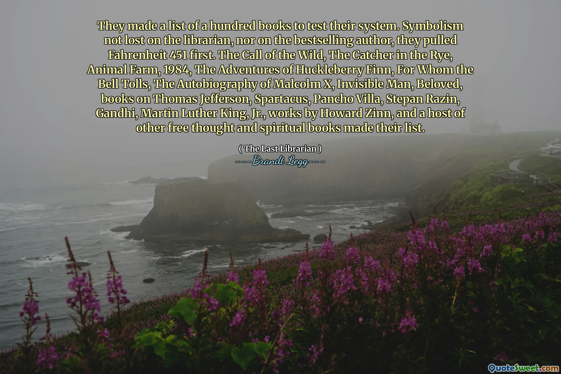 They made a list of a hundred books to test their system. Symbolism not lost on the librarian, nor on the bestselling author, they pulled Fahrenheit 451 first. The Call of the Wild, The Catcher in the Rye, Animal Farm, 1984, The Adventures of Huckleberry Finn, For Whom the Bell Tolls, The Autobiography of Malcolm X, Invisible Man, Beloved, books on Thomas Jefferson, Spartacus, Pancho Villa, Stepan Razin, Gandhi, Martin Luther King, Jr., works by Howard Zinn, and a host of other free thought and spiritual books made their list.