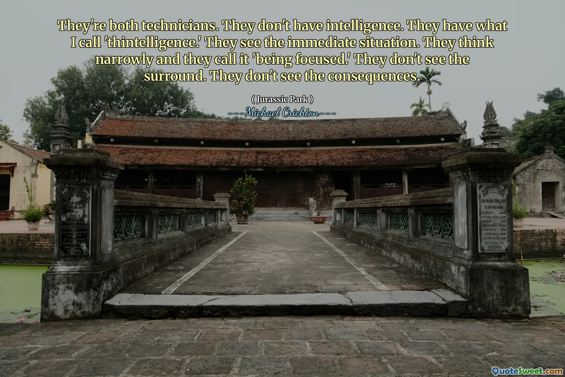 Cả hai đều là kỹ thuật viên. Họ không có trí thông minh. Họ có cái mà tôi gọi là 'Thintellectence.' Họ nhìn thấy tình huống ngay lập tức. Họ nghĩ hẹp và họ gọi nó là 'tập trung'. Họ không nhìn thấy vòm. Họ không thấy hậu quả.