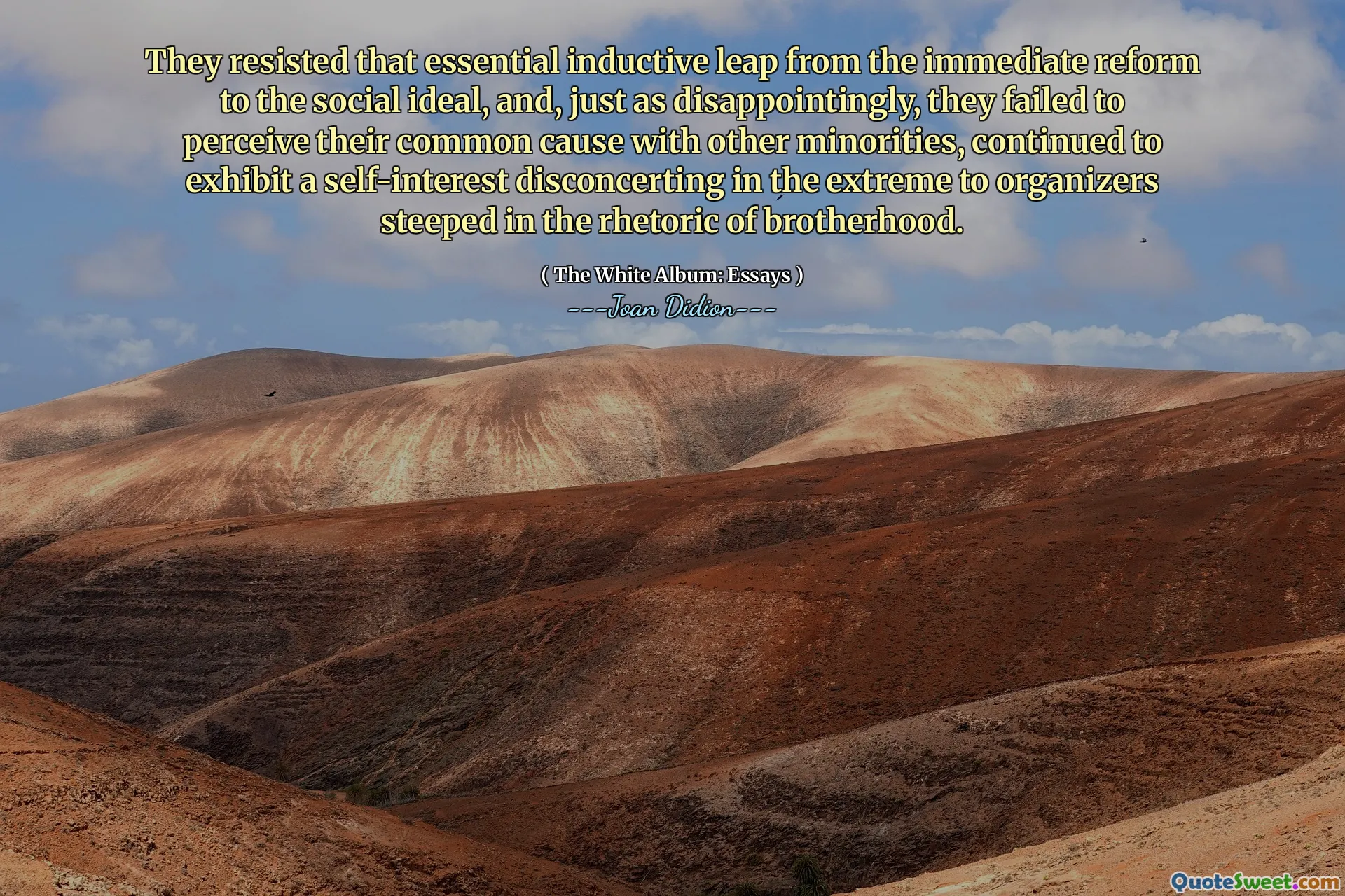 They resisted that essential inductive leap from the immediate reform to the social ideal, and, just as disappointingly, they failed to perceive their common cause with other minorities, continued to exhibit a self-interest disconcerting in the extreme to organizers steeped in the rhetoric of brotherhood.