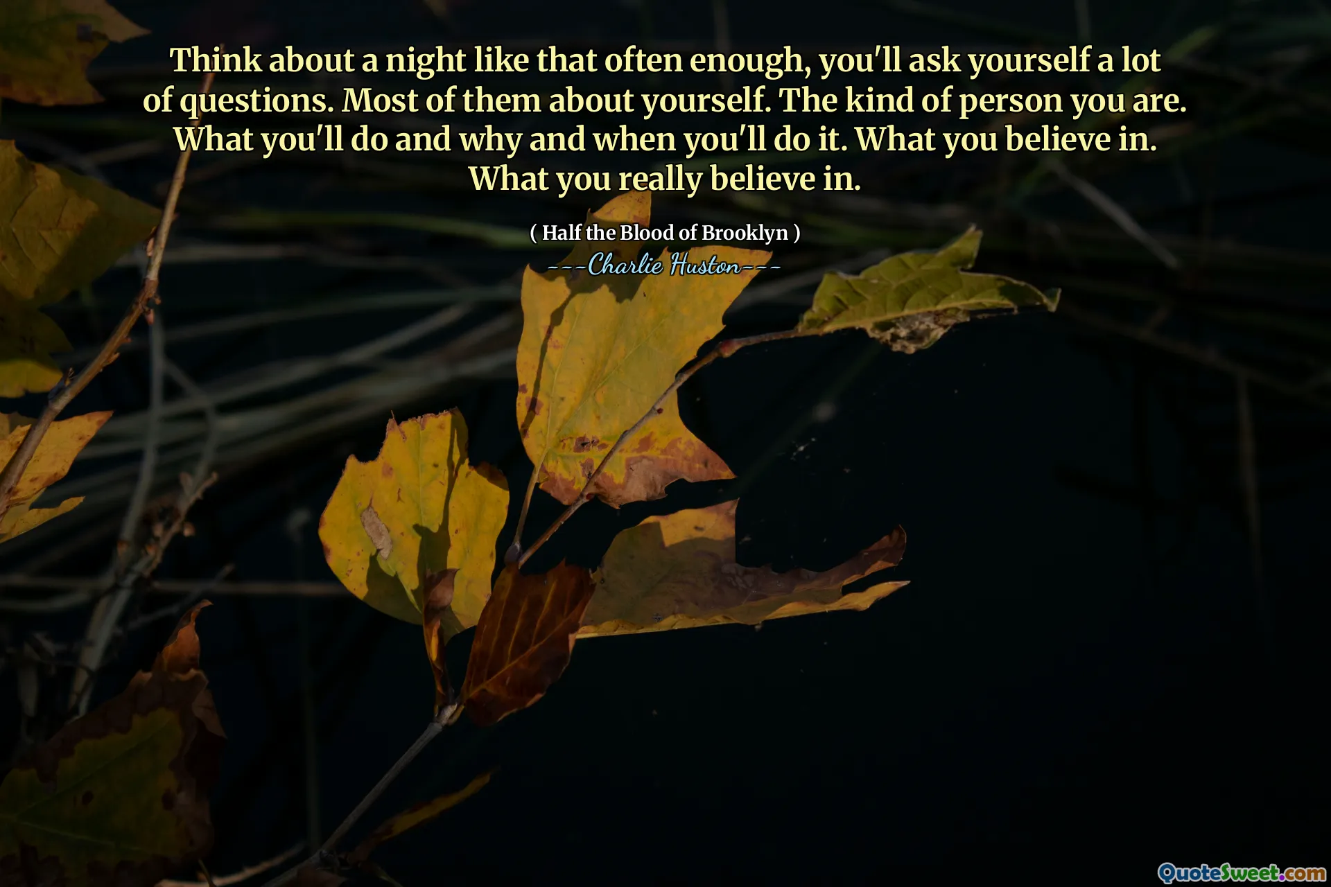 Think about a night like that often enough, you'll ask yourself a lot of questions. Most of them about yourself. The kind of person you are. What you'll do and why and when you'll do it. What you believe in. What you really believe in.