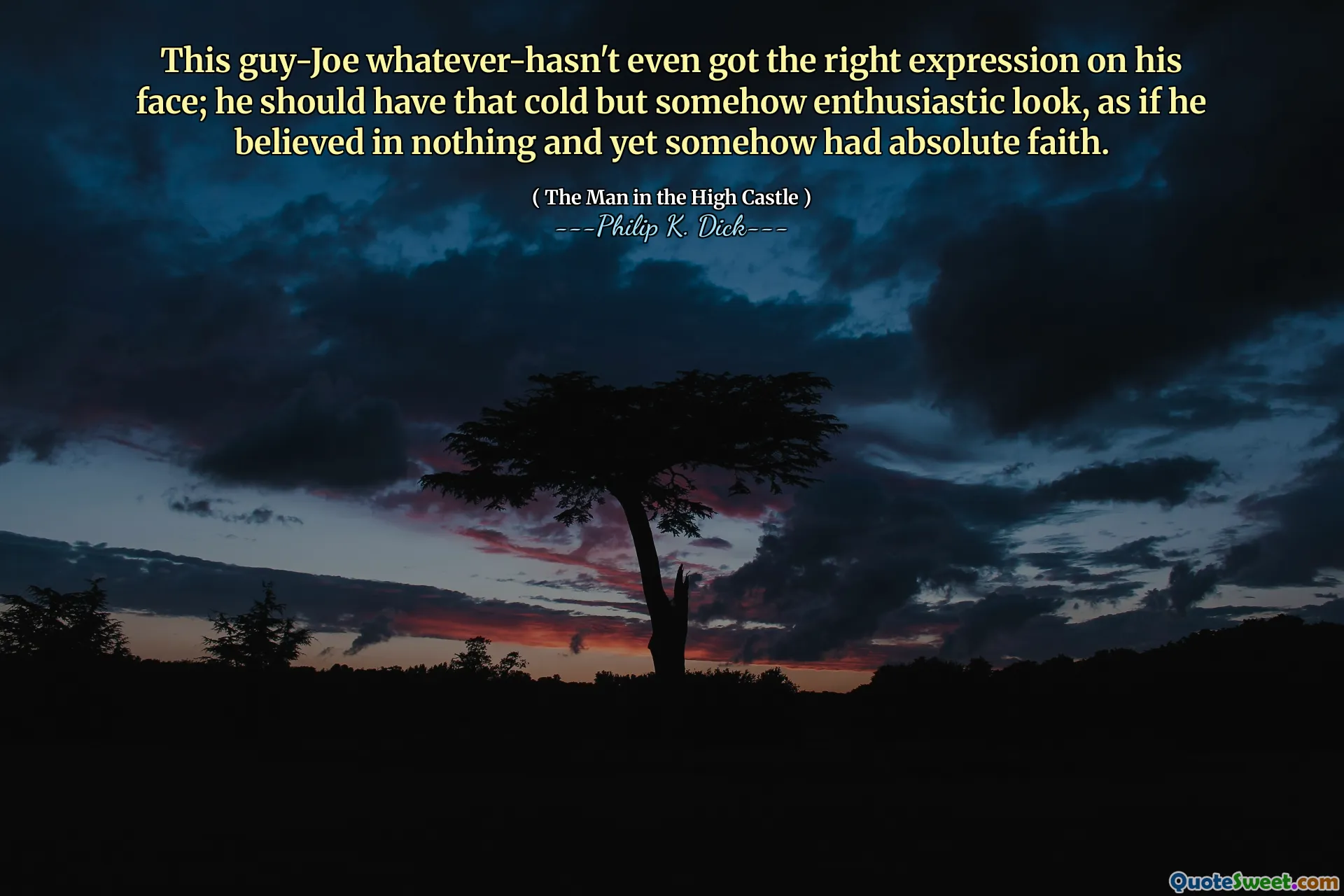 Den här killen-joe vad som helst, har inte ens rätt uttryck i ansiktet; Han borde ha den kalla men på något sätt entusiastiska utseende, som om han trodde på ingenting och ändå på något sätt hade absolut tro.