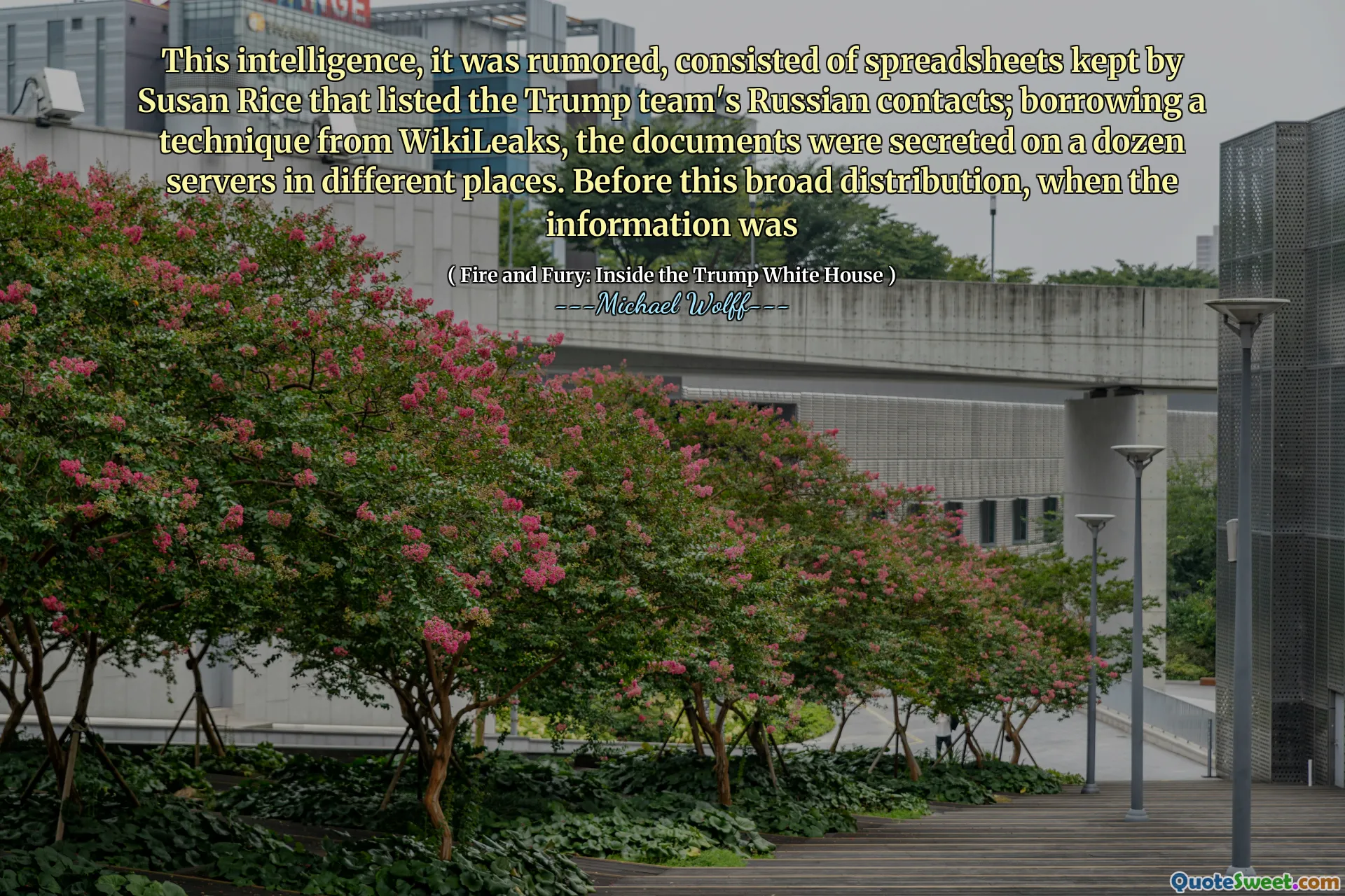 This intelligence, it was rumored, consisted of spreadsheets kept by Susan Rice that listed the Trump team's Russian contacts; borrowing a technique from WikiLeaks, the documents were secreted on a dozen servers in different places. Before this broad distribution, when the information was