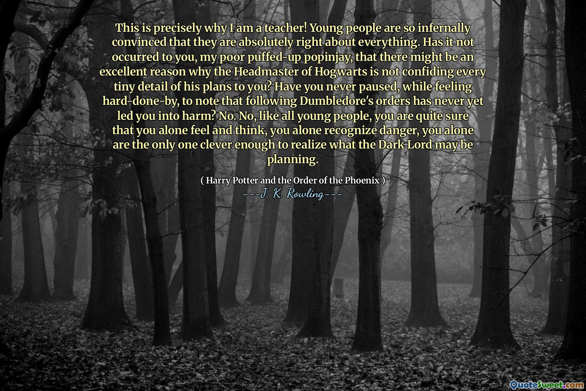 This is precisely why I am a teacher! Young people are so infernally convinced that they are absolutely right about everything. Has it not occurred to you, my poor puffed-up popinjay, that there might be an excellent reason why the Headmaster of Hogwarts is not confiding every tiny detail of his plans to you? Have you never paused, while feeling hard-done-by, to note that following Dumbledore's orders has never yet led you into harm? No. No, like all young people, you are quite sure that you alone feel and think, you alone recognize danger, you alone are the only one clever enough to realize what the Dark Lord may be planning.
