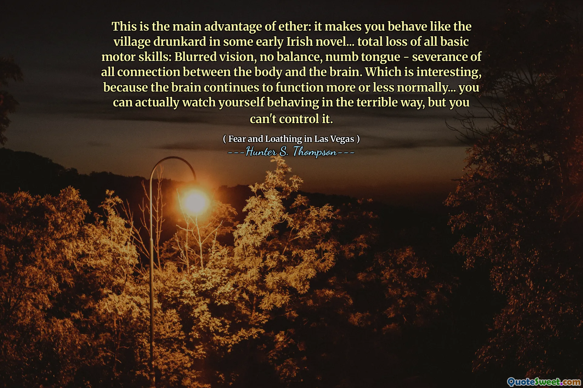 Это главное преимущество эфира: это заставляет вас вести себя как пьяница деревни в каком -то раннем ирландском романе ... полная потеря всех основных моторных навыков: размытое зрение, без баланса, онемение языка - развлечение всей связи между телом и мозгом. Что интересно, потому что мозг продолжает функционировать более или менее нормально ... вы можете наблюдать, как себя ведет себя ужасно, но вы не можете контролировать это.
