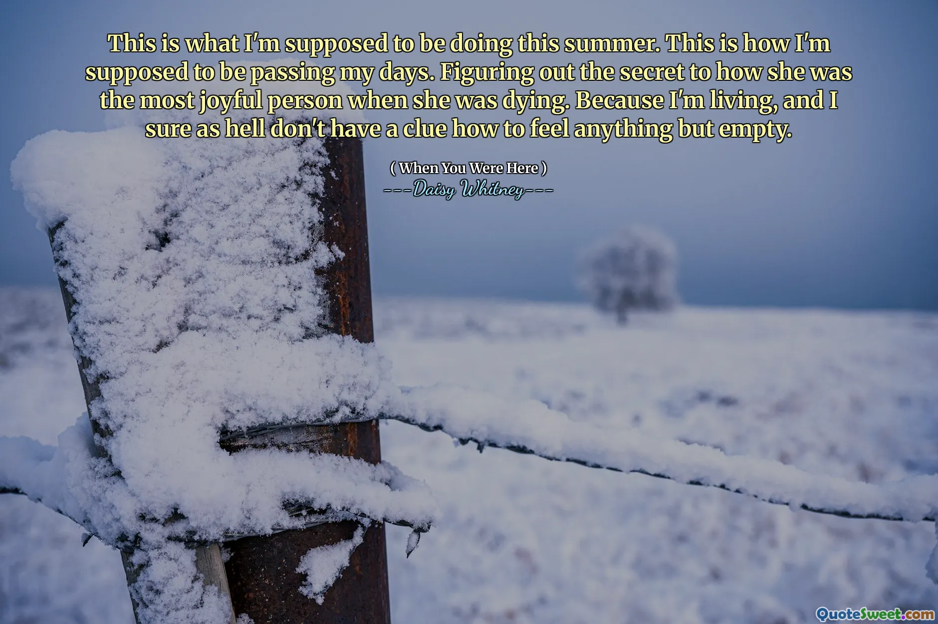 This is what I'm supposed to be doing this summer. This is how I'm supposed to be passing my days. Figuring out the secret to how she was the most joyful person when she was dying. Because I'm living, and I sure as hell don't have a clue how to feel anything but empty.