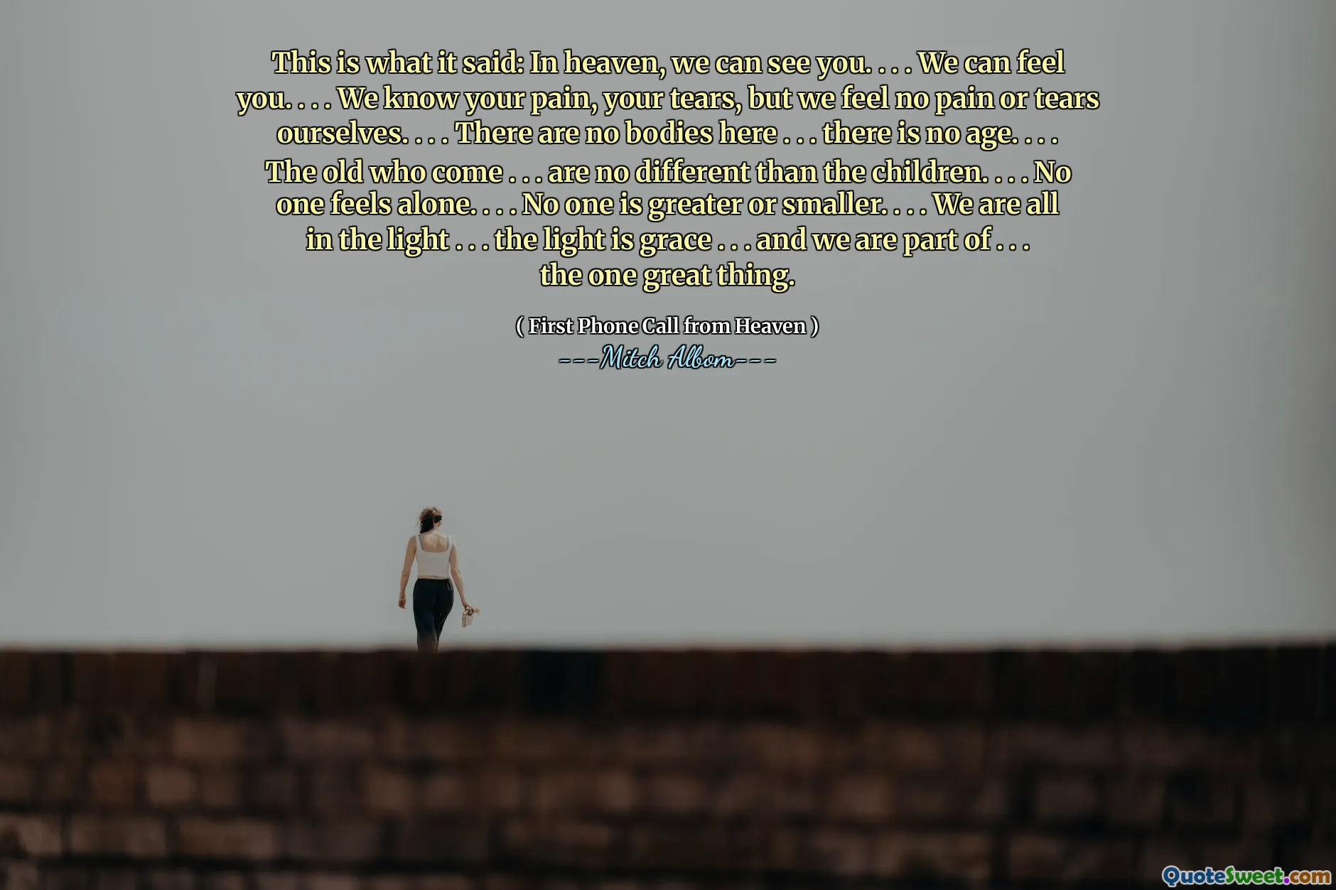 This is what it said: In heaven, we can see you. . . . We can feel you. . . . We know your pain, your tears, but we feel no pain or tears ourselves. . . . There are no bodies here . . . there is no age. . . . The old who come . . . are no different than the children. . . . No one feels alone. . . . No one is greater or smaller. . . . We are all in the light . . . the light is grace . . . and we are part of . . . the one great thing.