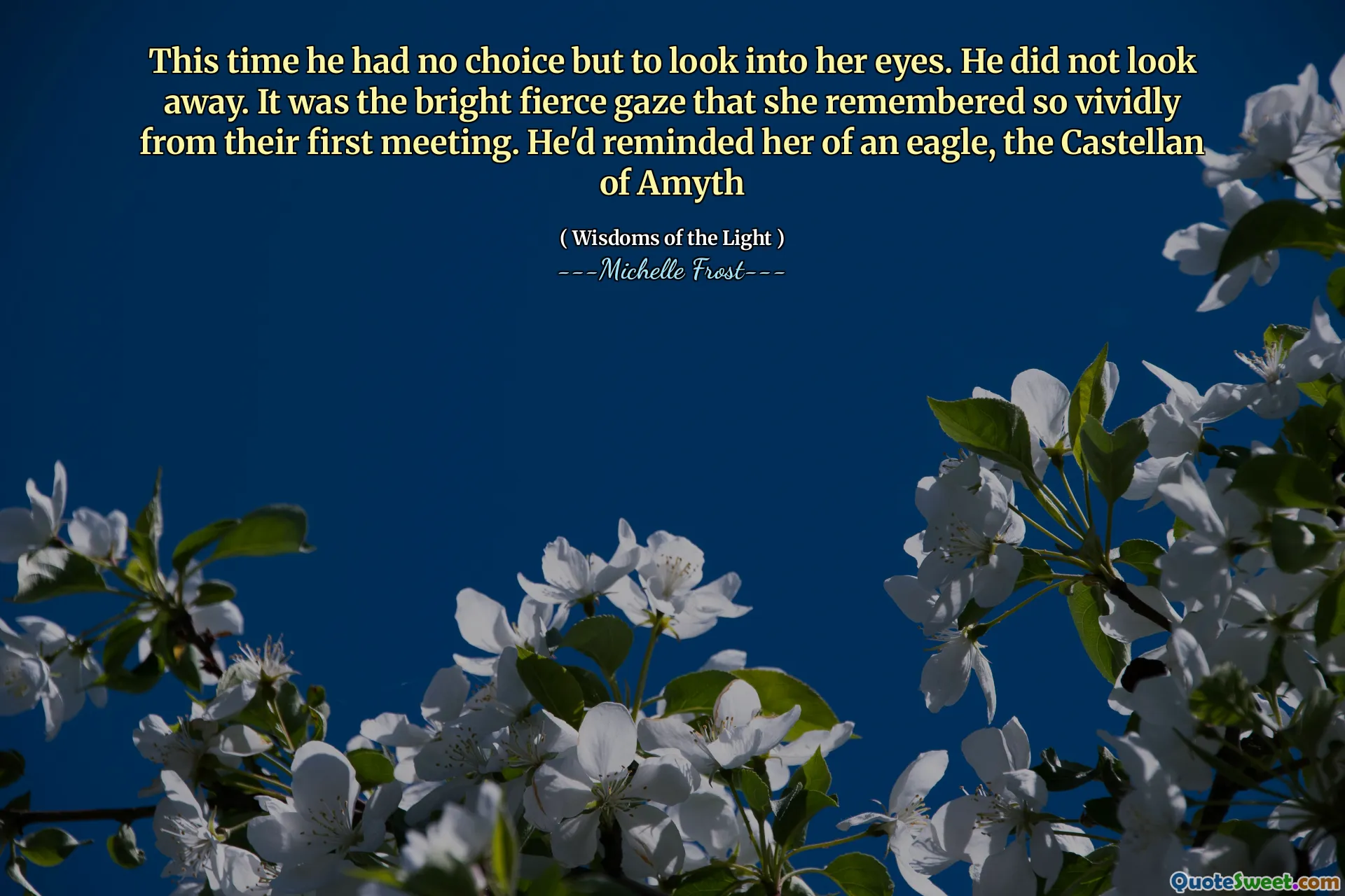 This time he had no choice but to look into her eyes. He did not look away. It was the bright fierce gaze that she remembered so vividly from their first meeting. He'd reminded her of an eagle, the Castellan of Amyth