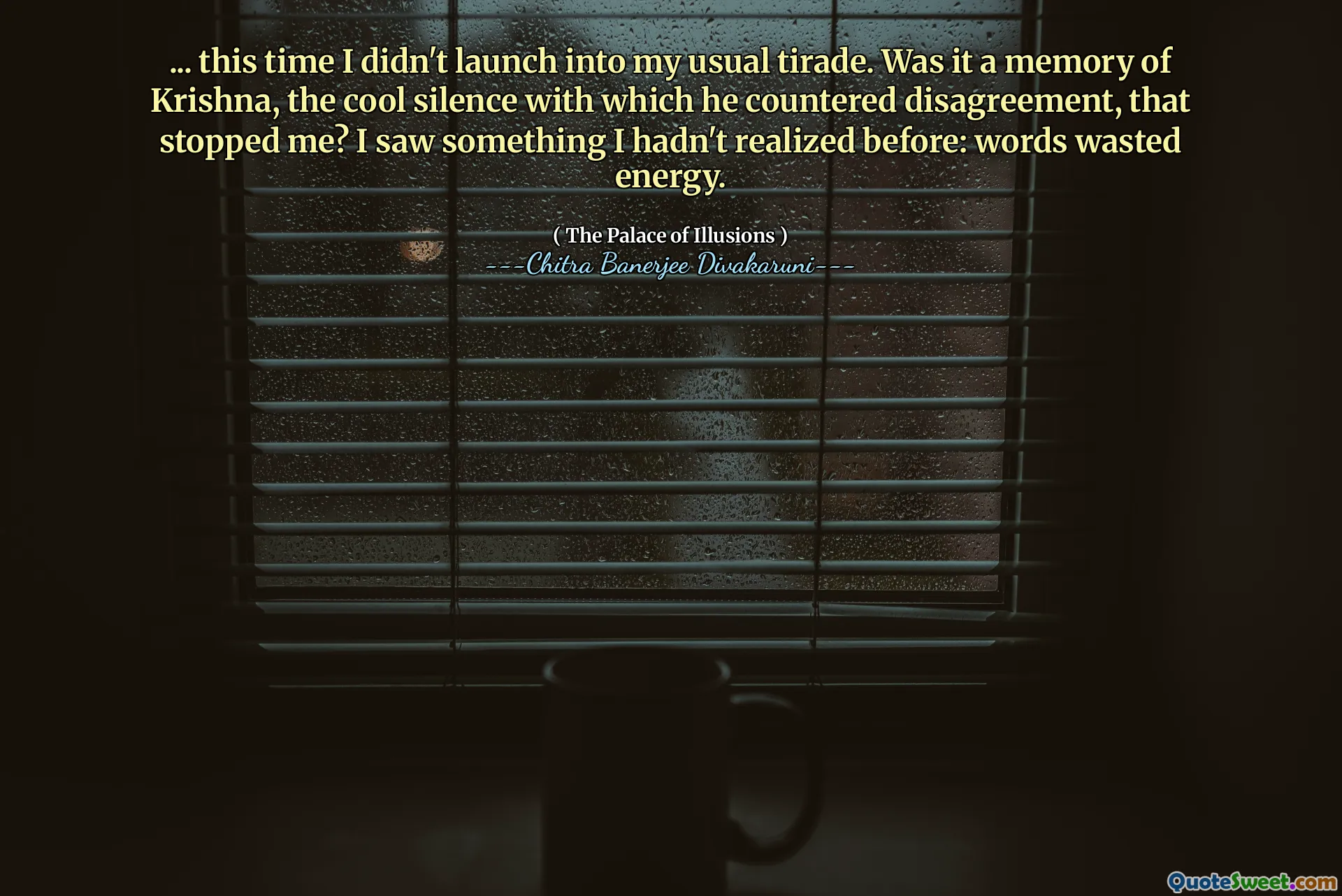 ... this time I didn't launch into my usual tirade. Was it a memory of Krishna, the cool silence with which he countered disagreement, that stopped me? I saw something I hadn't realized before: words wasted energy.