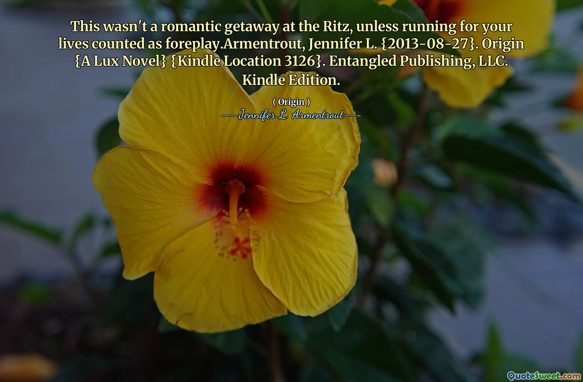 This wasn't a romantic getaway at the Ritz, unless running for your lives counted as foreplay.Armentrout, Jennifer L. {2013-08-27}. Origin {A Lux Novel} {Kindle Location 3126}. Entangled Publishing, LLC. Kindle Edition.