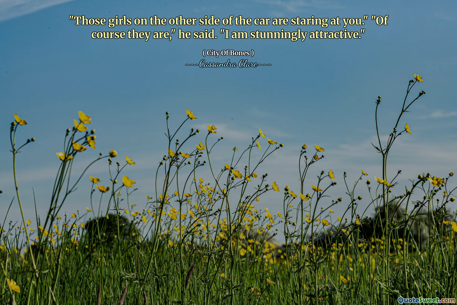 "Those girls on the other side of the car are staring at you." "Of course they are," he said. "I am stunningly attractive."