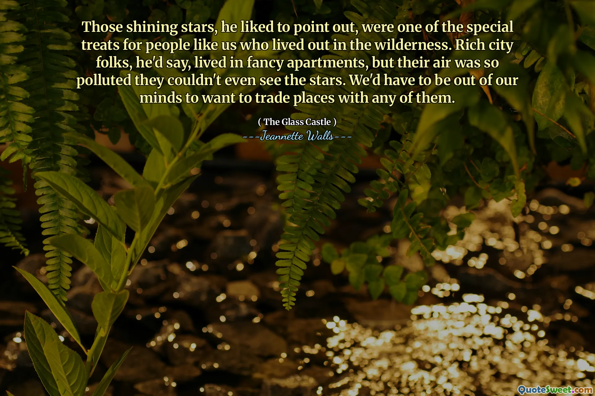 उन चमकते सितारों, उन्हें इंगित करना पसंद था, हम जैसे लोगों के लिए विशेष व्यवहारों में से एक थे जो जंगल में रहते थे। अमीर शहर के लोग, वह कहते थे, फैंसी अपार्टमेंट में रहते थे, लेकिन उनकी हवा इतनी प्रदूषित थी कि वे सितारों को भी नहीं देख सकते थे। हमें उनमें से किसी के साथ स्थानों का व्यापार करने के लिए अपने दिमाग से बाहर होना होगा।
