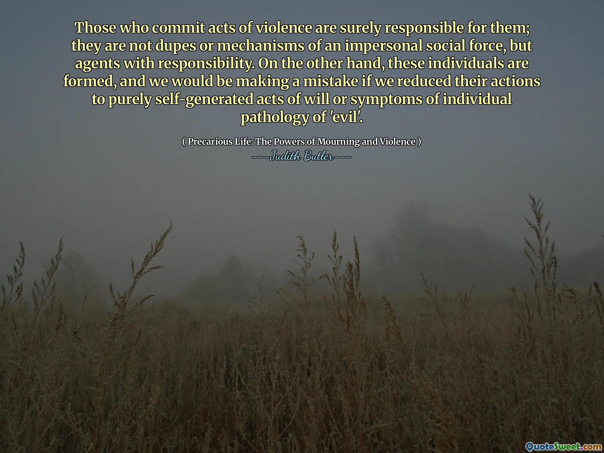 暴力行為を行う人々は、彼らに確実に責任を負います。彼らは非人格的な社会的勢力のdupまたはメカニズムではなく、責任を持つエージェントです。一方、これらの個人は形成されており、「悪」の個々の病理学の意志または症状の純粋に自己生成された行為に彼らの行動を減らした場合、私たちは間違いを犯します。