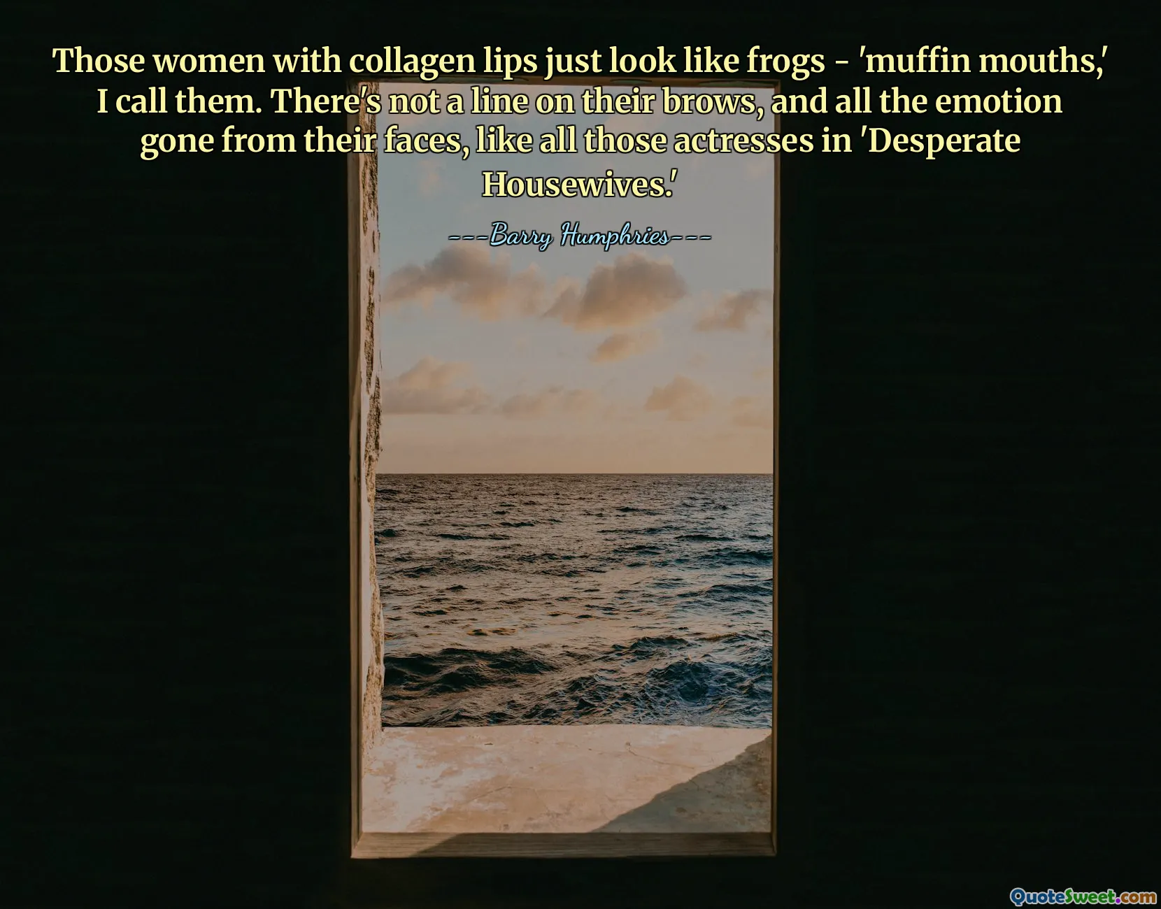 Those women with collagen lips just look like frogs - 'muffin mouths,' I call them. There's not a line on their brows, and all the emotion gone from their faces, like all those actresses in 'Desperate Housewives.'