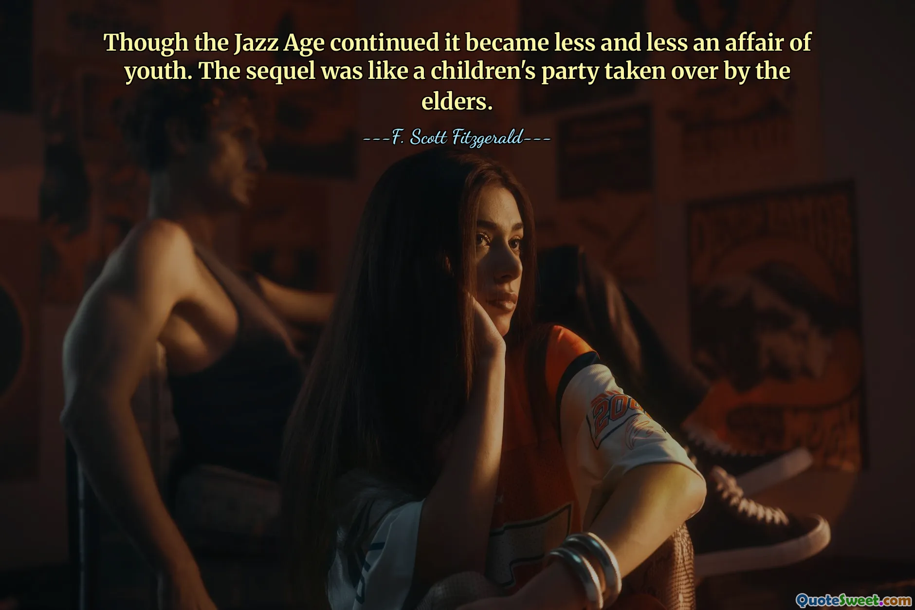 Though the Jazz Age continued it became less and less an affair of youth. The sequel was like a children's party taken over by the elders.